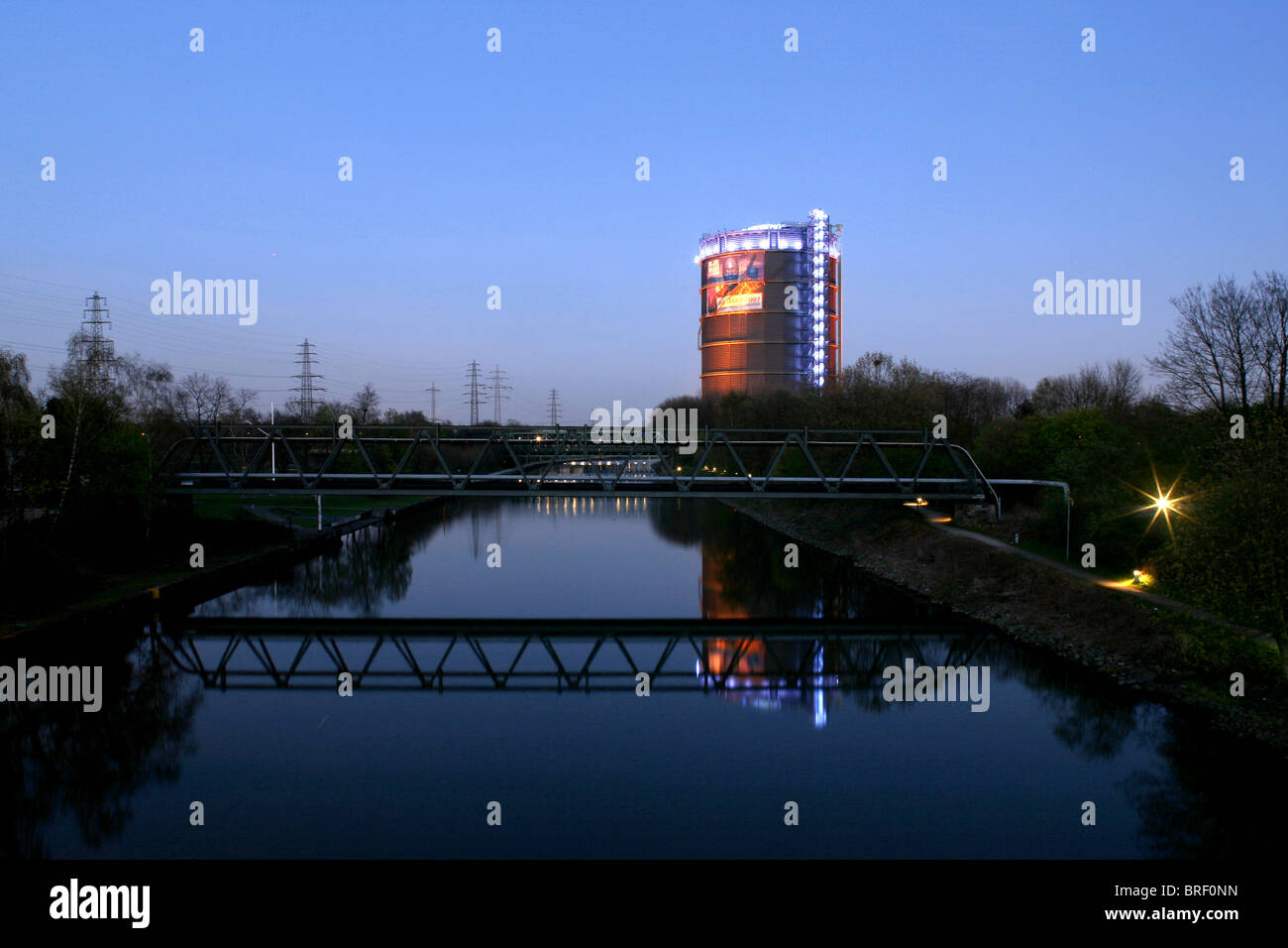 Gasometer landmark, Rhein-Herne-Canal, Oberhausen, Ruhr Area, North Rhine-Westphalia, Germany, Europe Stock Photo