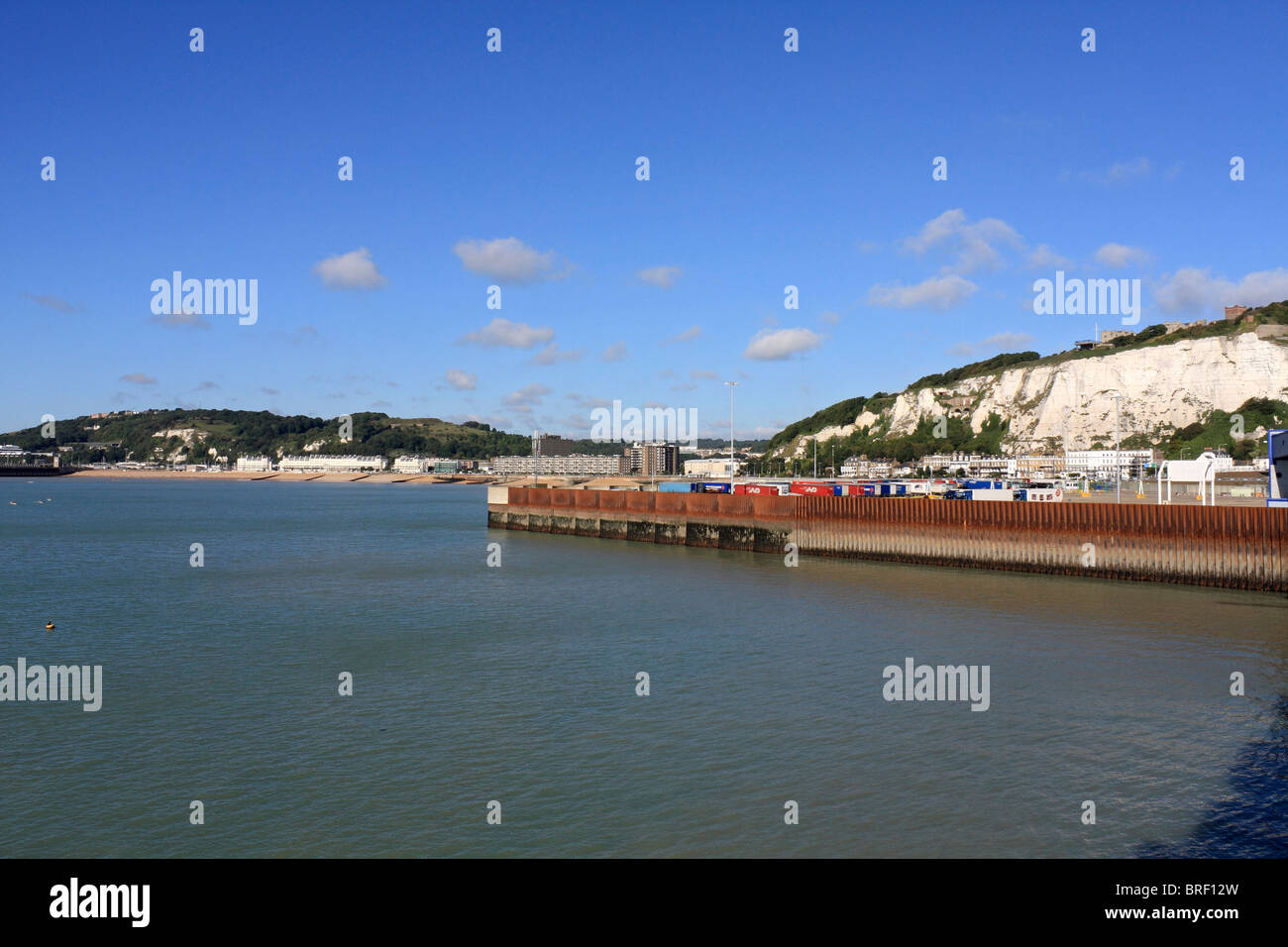 Views of the coastline of Dover the ferry port and the English Channel from Sea France passenger ferry, Summer 2010. Stock Photo