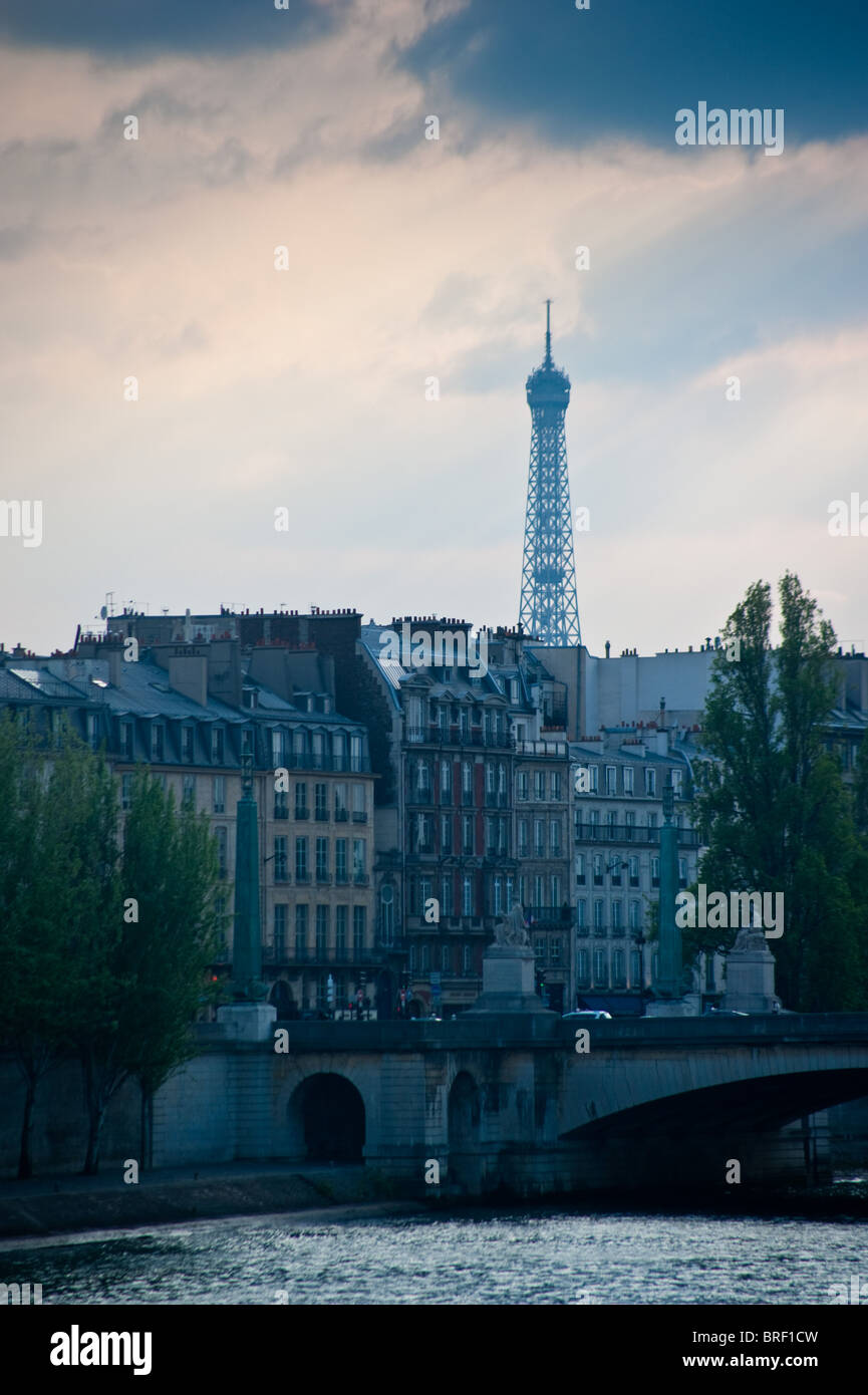 The Eiffel Tower as seen from a bridge down the Seine Stock Photo