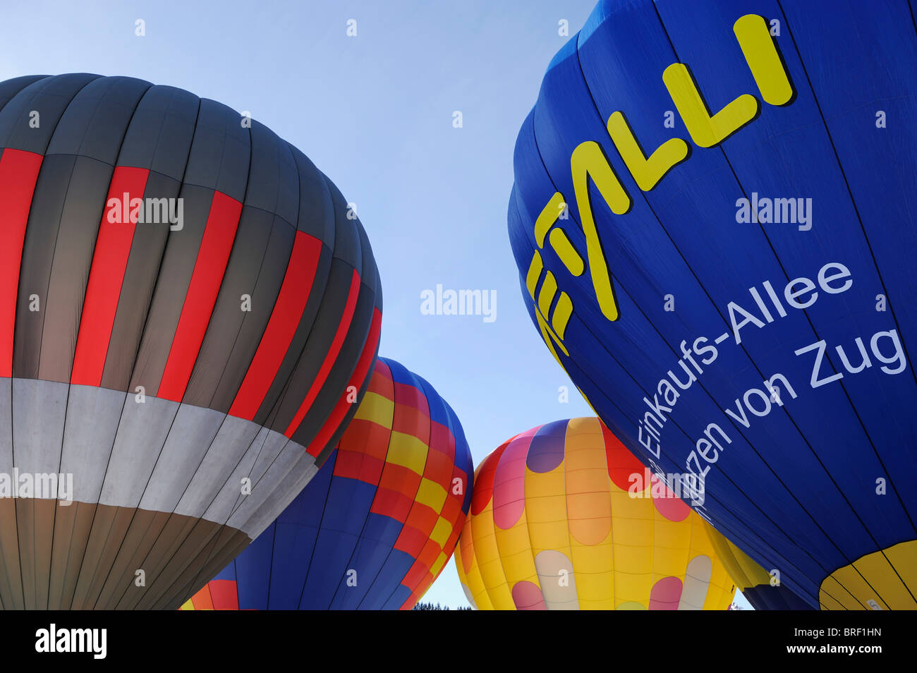 Hot air balloons before take-off, Ballon Festival on Mount Hochstuckli, Schwyz, Switzerland Stock Photo