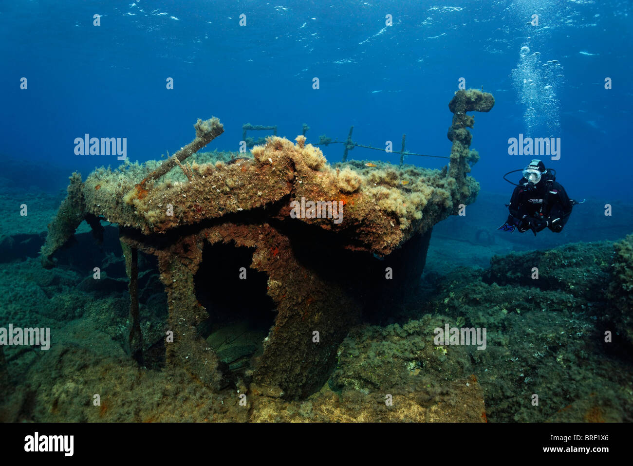 Scuba diver exploring the Vera K ship wreck, Paphos, Cyprus, Asia, Mediterranean Sea Stock Photo