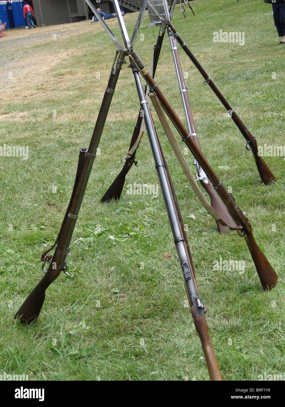 Union army rifles, stacked in camp, Civil War Battle Re-enactment, Port Gamble, WA  Stock Photo