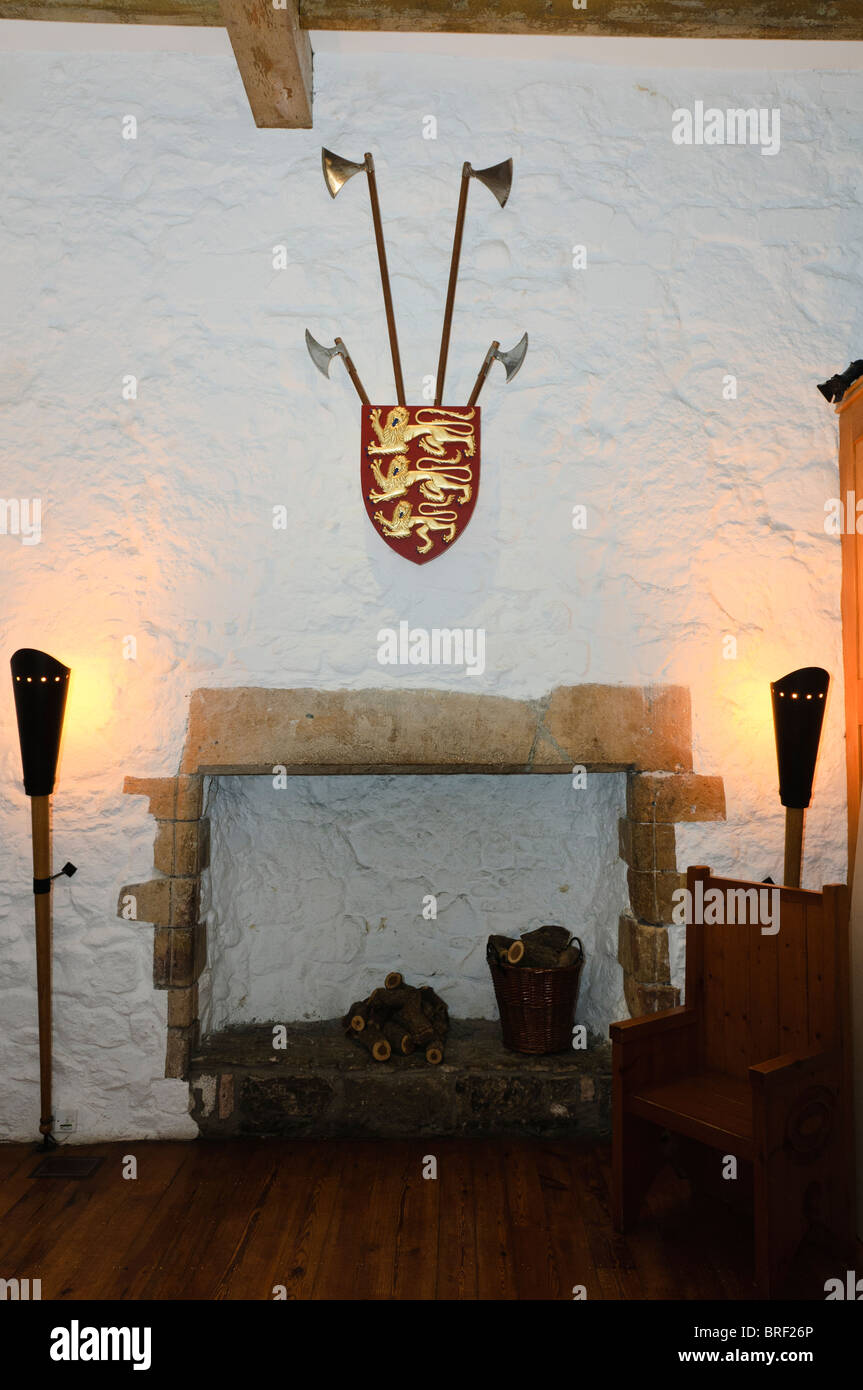 Coat of arms above a stone fireplace in a castle Stock Photo