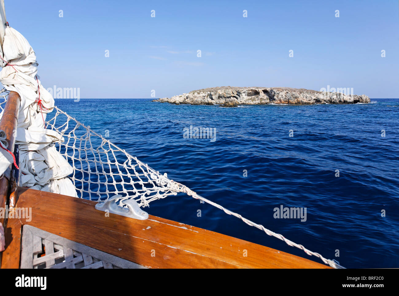 Right hand side, starboard, ship's bow, sail, net, Agios Georgios, island, Akamas, Cyprus, Europe Stock Photo