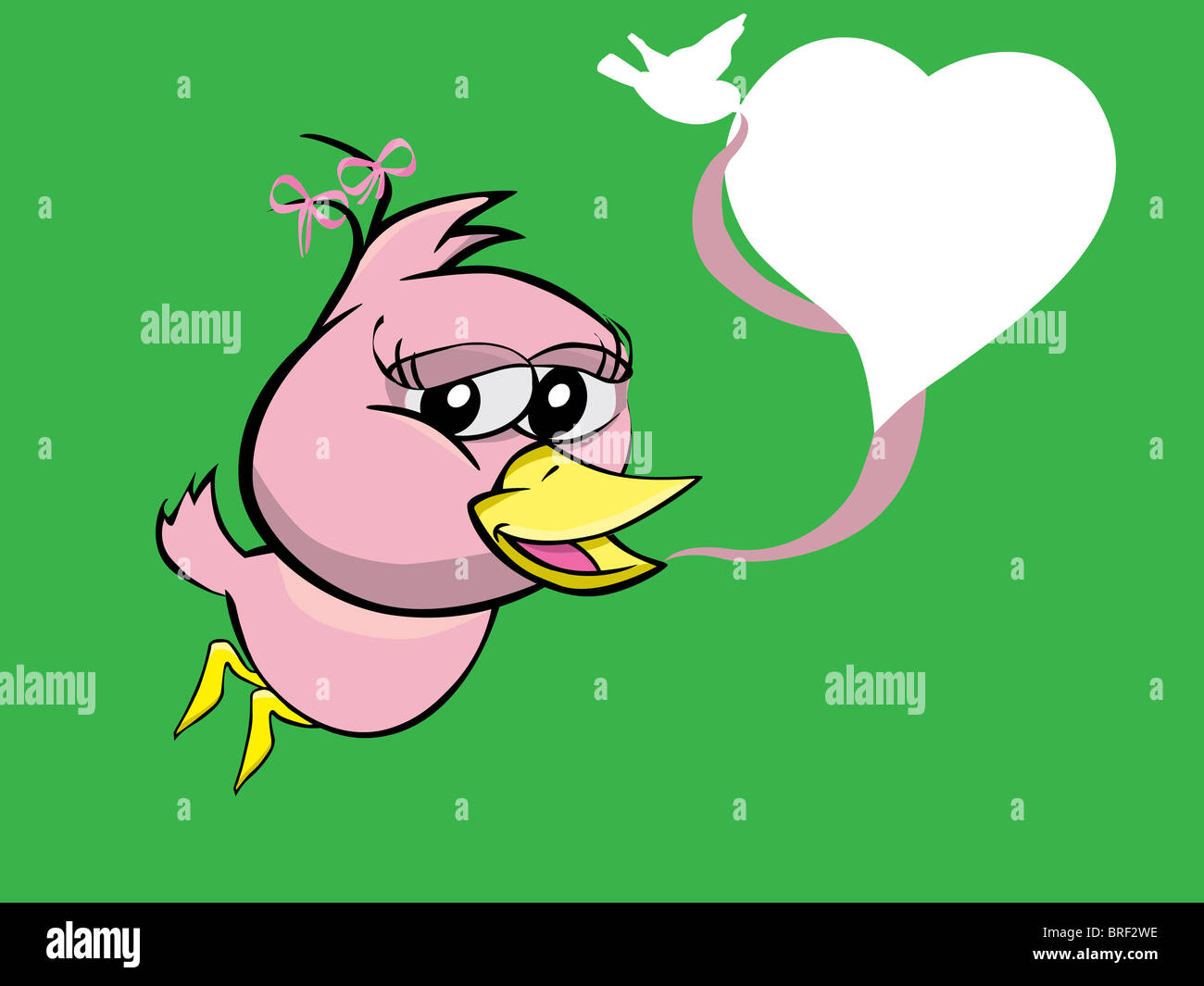 twitter bird girl with heart style speech bubble, space to write Stock Photo