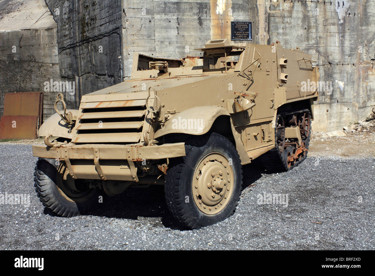 Half-track M3 Personnel Carrier at the Blockhaus at Eperlecques, Foret d’Eperlecques Nord France. Stock Photo