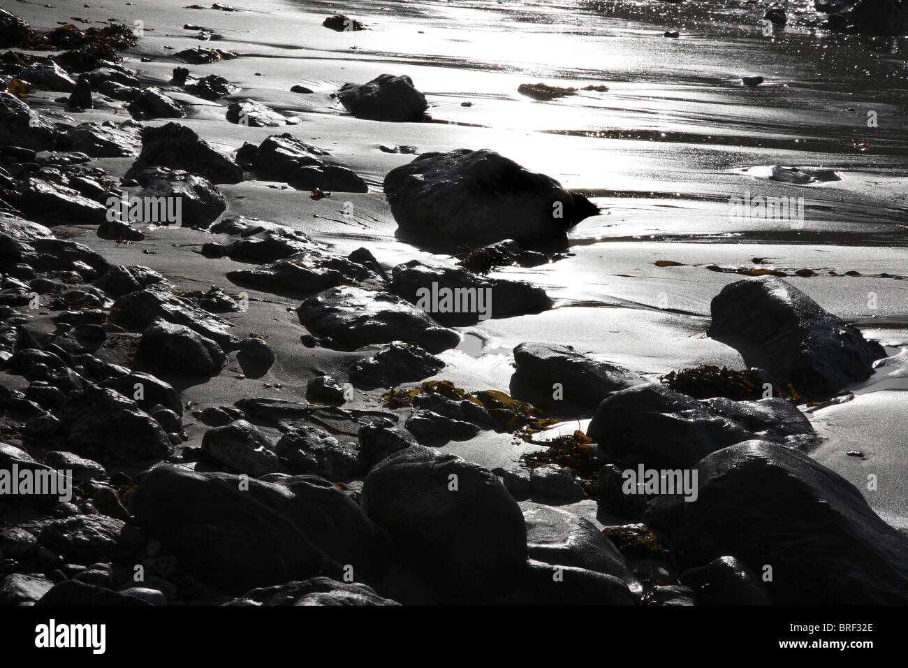 Back-lit rocks on a beach in Cornwall, UK Stock Photo - Alamy
