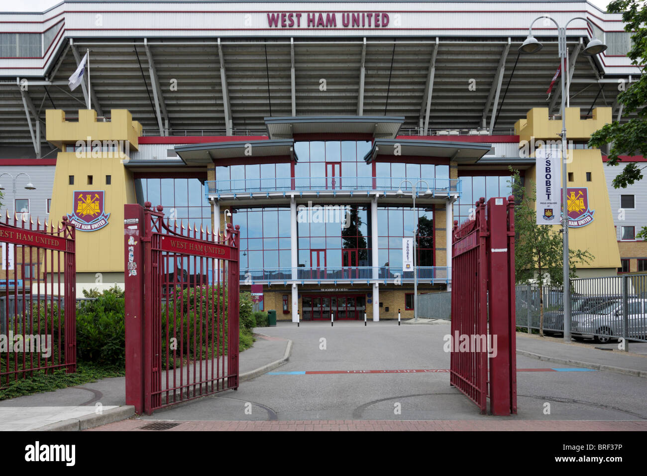 The main entrance and front elevation of West Ham United's ground in Green Street, London E13. Stock Photo