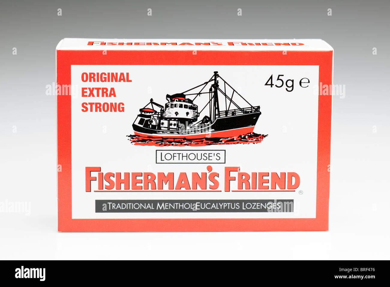 45g box of Lofthouse's original extra strong Fisherman's Friend traditional menthol Eucalyptus Lozenges Stock Photo