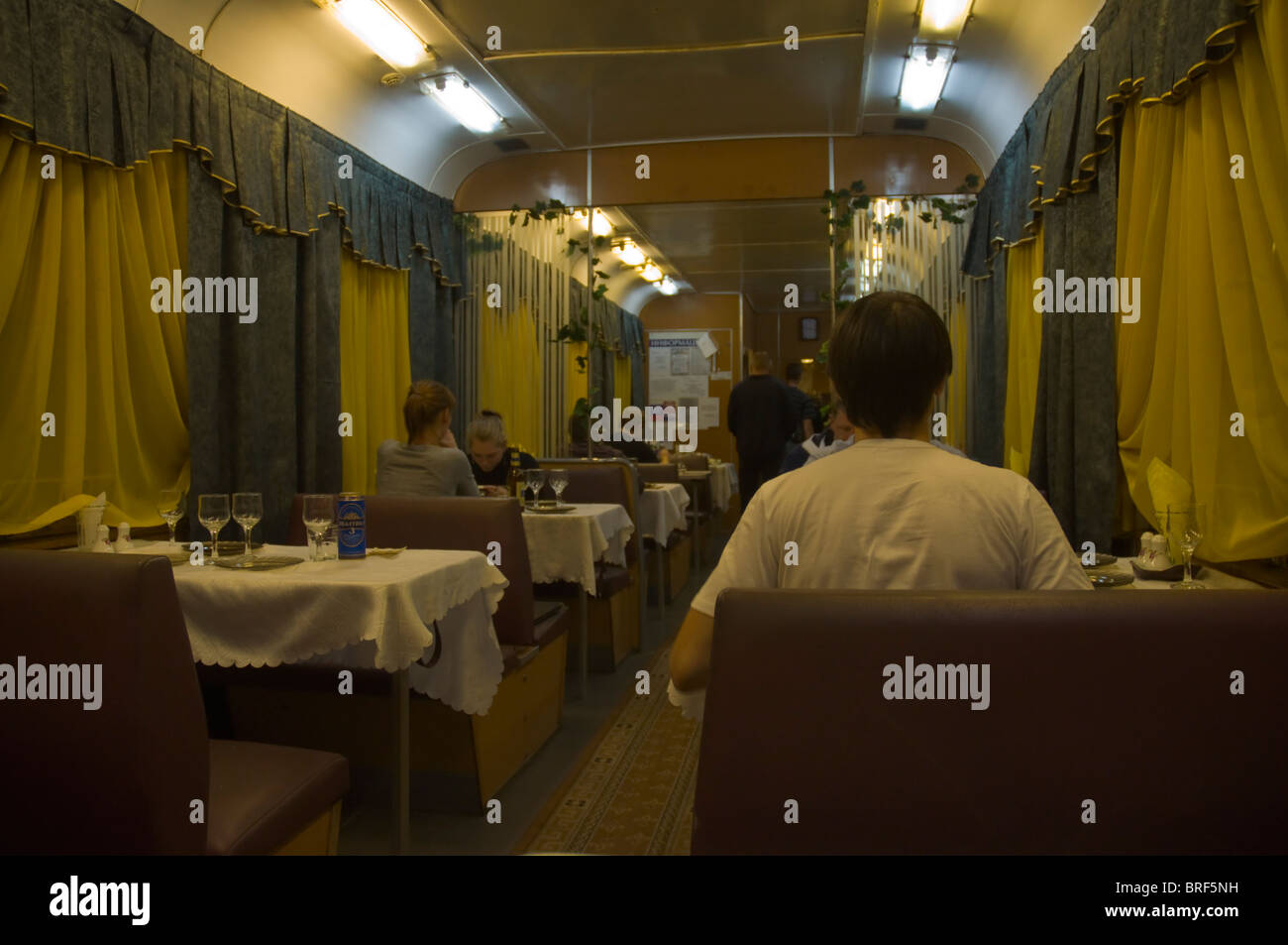 Dining car on Russian train 'Kursk' Russia Europe Stock Photo