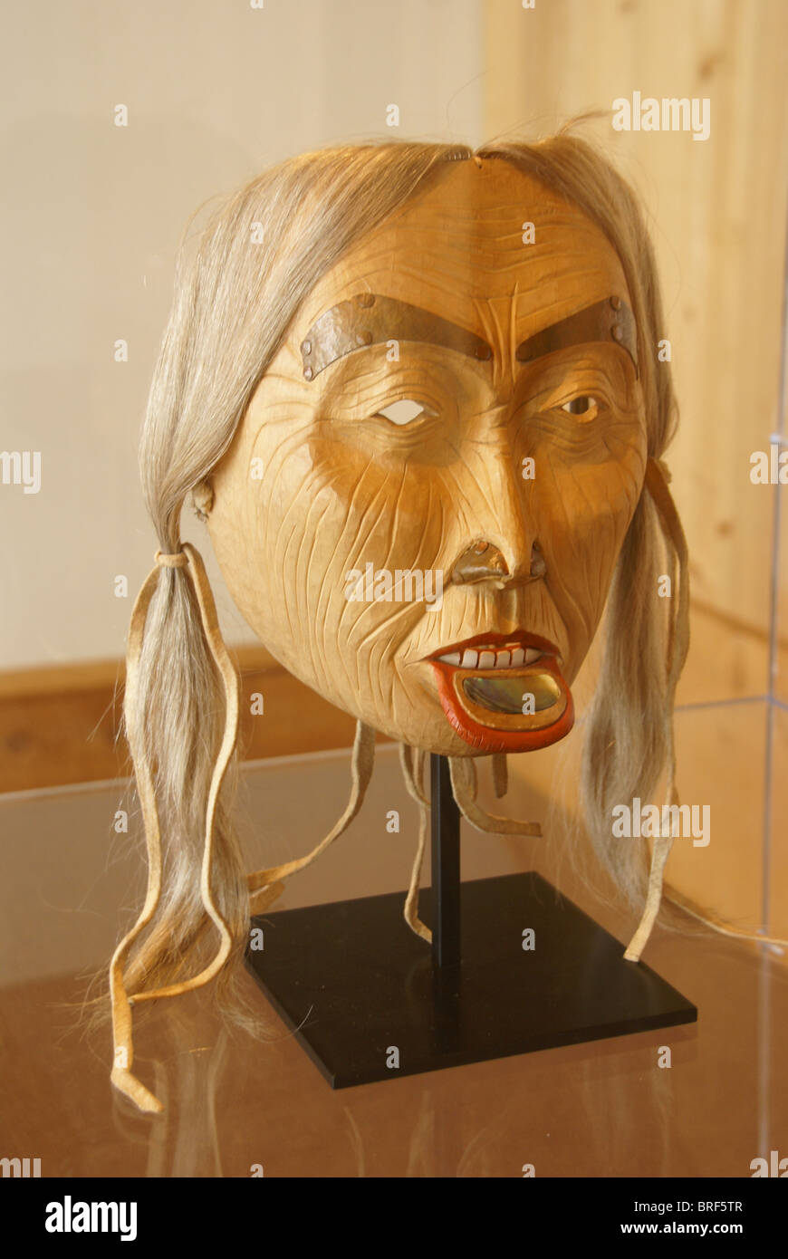 Mask, Wood carving, human face, First Nations / Native American, Prince Rupert, British Columbia, Canada Stock Photo