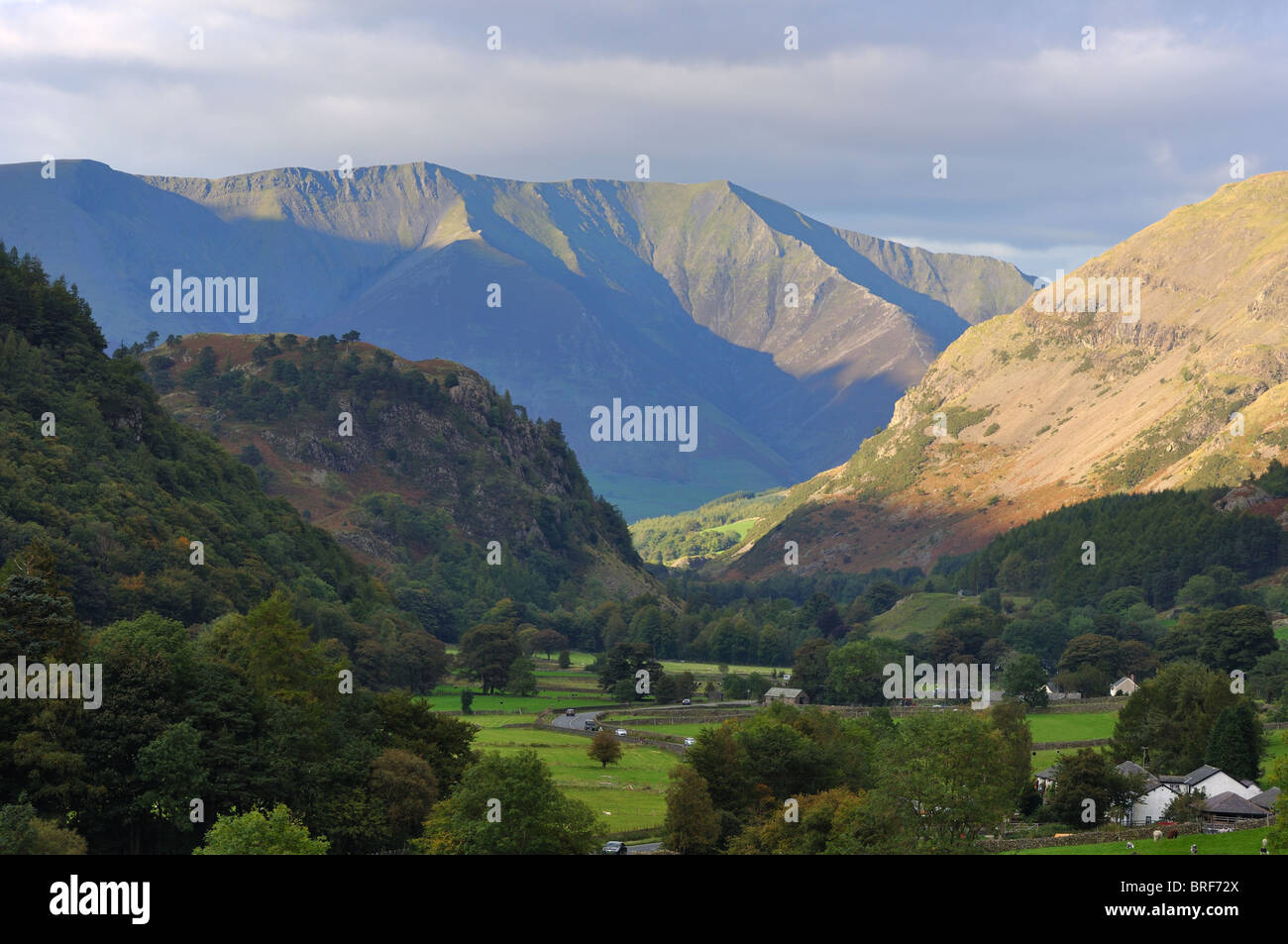 Blencathra towers above St Johns in the Vale Stock Photo