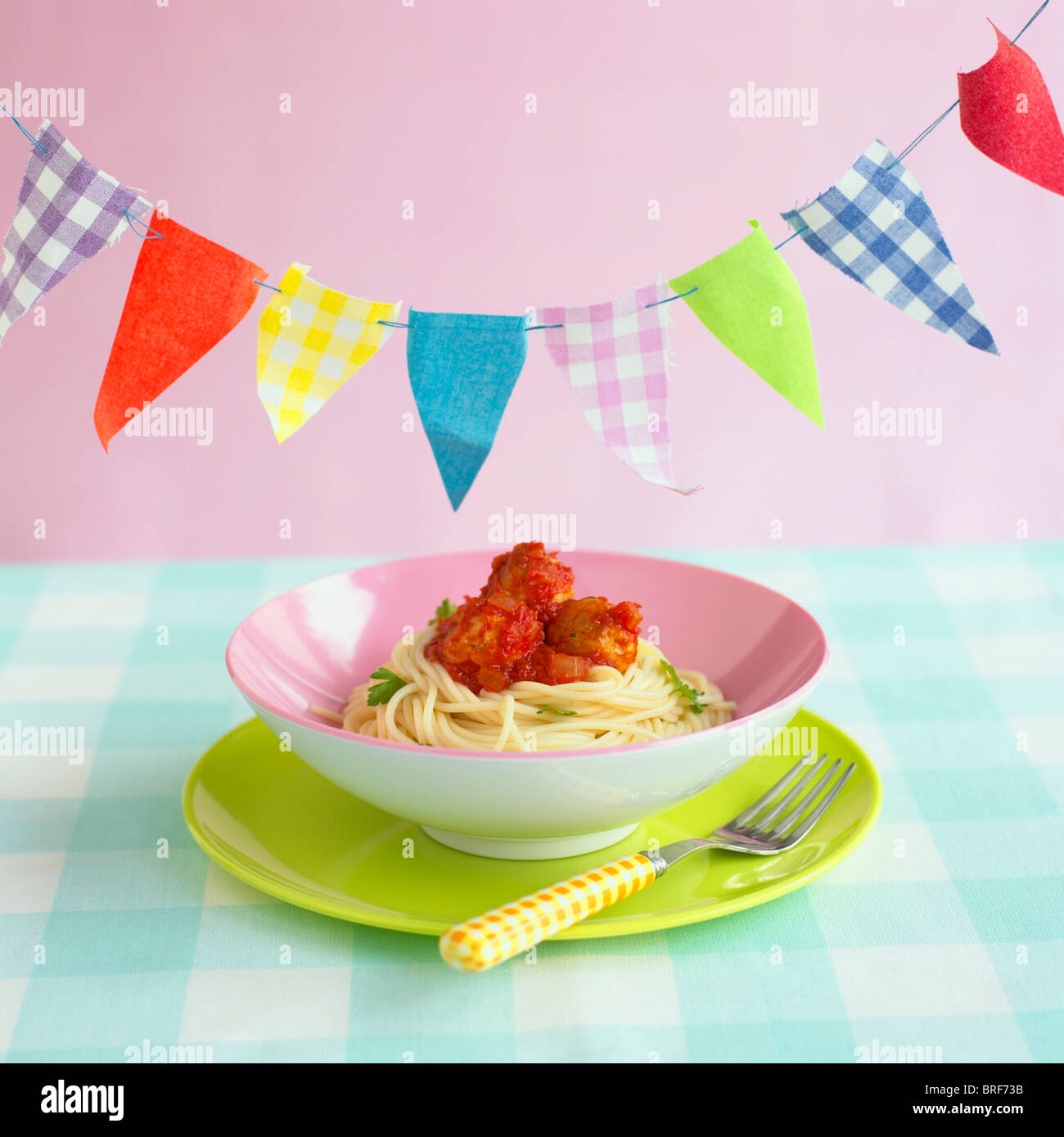 Childrens pasta bowl of chicken balls with spaghetti and tomato sauce