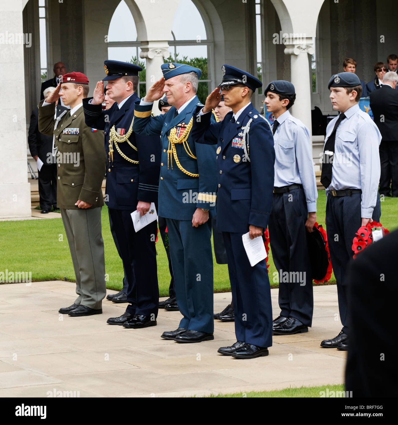 Air Forces Memorial Service 2010 - Wreath Bearers in Background - Representatives of Commonwealth Nations Salute the Lost Stock Photo