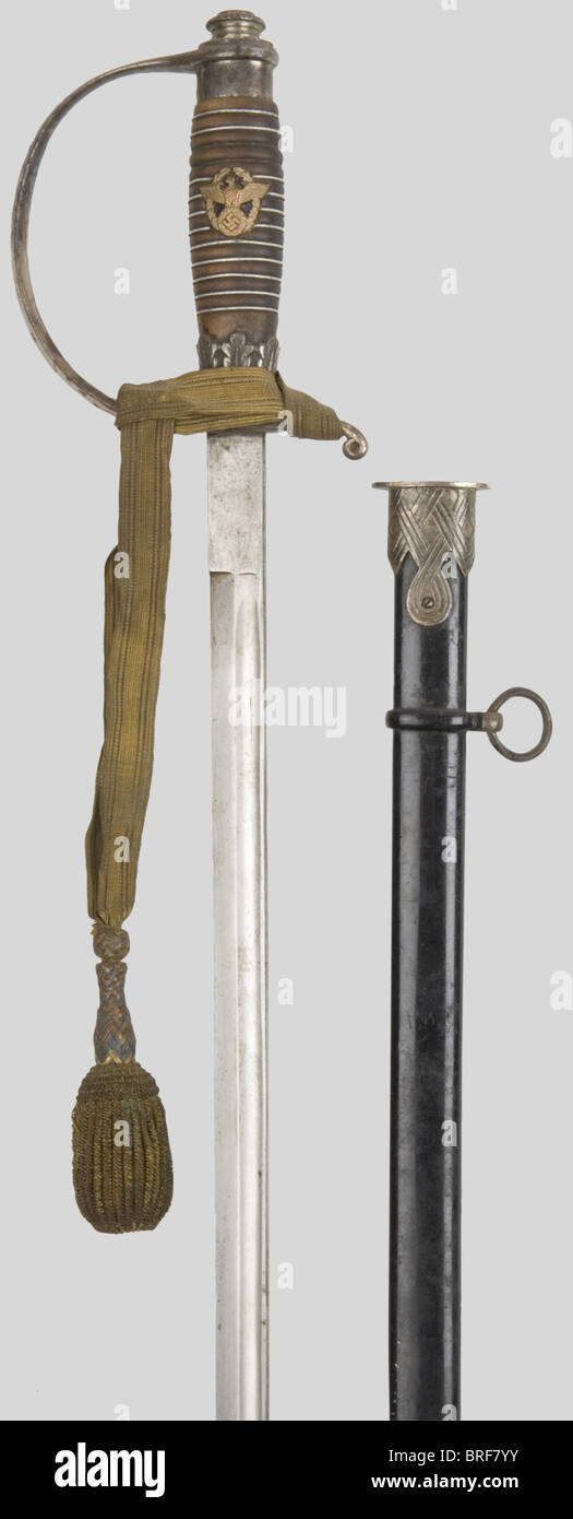 A Police NCO sword., Some oxidized spots (notably on the hilt), a small dent on the scabbard, the golden sword-knot is not the right pattern. Blade signed 'PET.DAN.Krebs Solingen'. Stamped runes at the locket., historic, historical, 1930s, 1930s, 20th century, thrusting, thrustings, handheld, melee weapon, melee weapons, blade, weapon, arms, weapons, arms, object, objects, stills, clipping, clippings, cut out, cut-out, cut-outs, Stock Photo