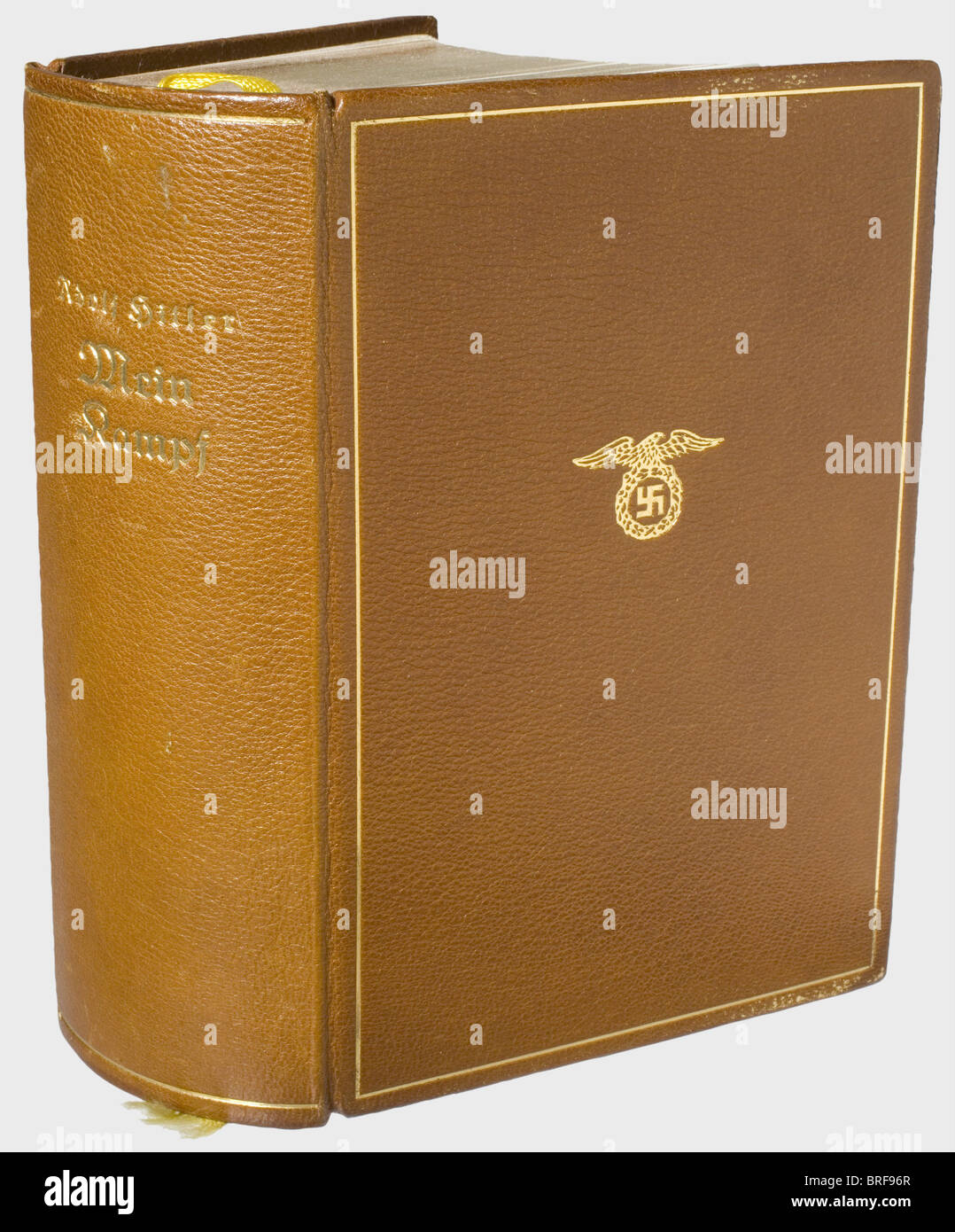 Ulrich von Hassell - a deluxe edition 'Mein Kampf'., One-volume anniversary edition commemorating the total circulation of one million copies. Brown, gold-embossed leather cover and top gilt edge. The cover with ex libris reading (transl.) 'Book Collection Ulrich von Hassell'. In original slipcase with marbled pattern. Extremely rare. Von Hassell was German ambassador to Rome and known for his nationalistic-conservative position. After the seizure of power by the National Socialists in 1933 he certainly did not hesitate to join the NSDAP. By working as a diplom, Stock Photo