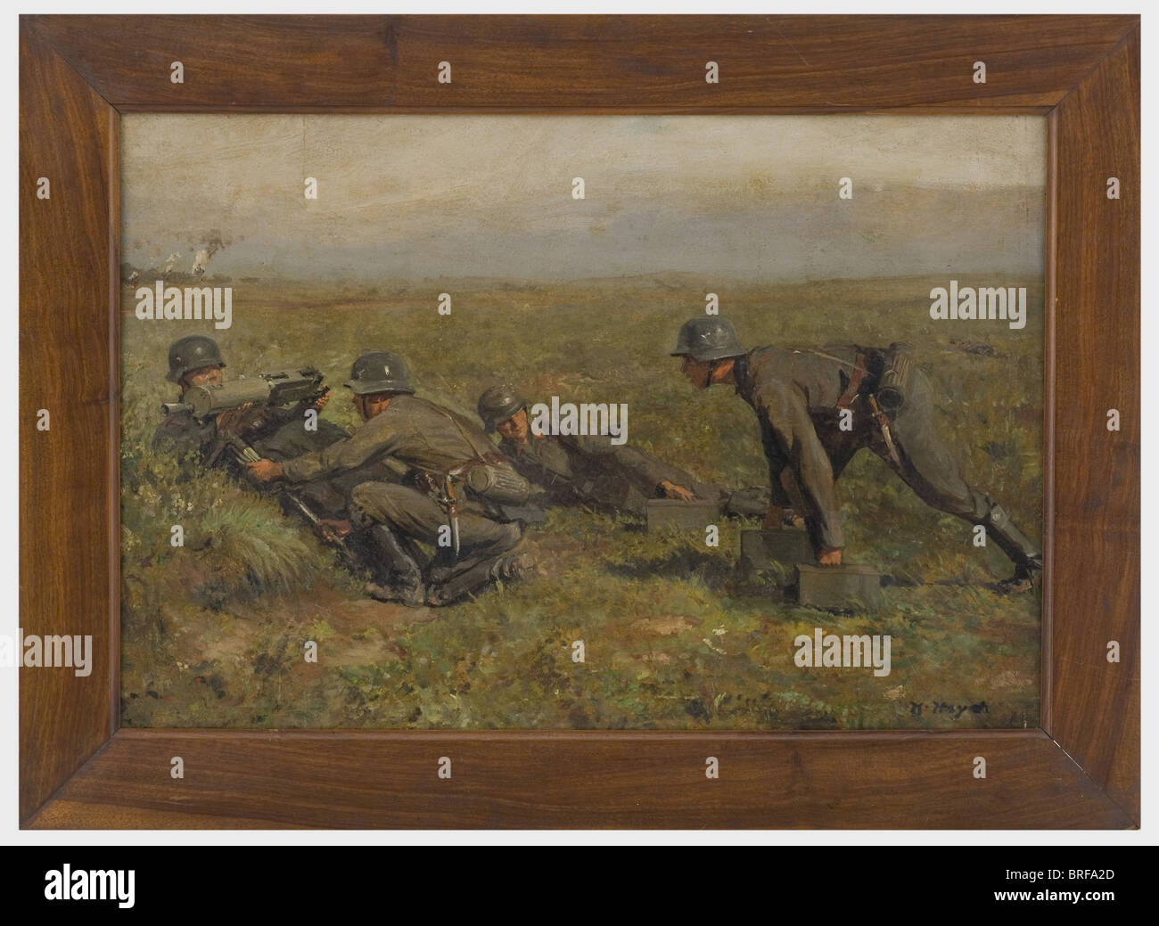 Karl Hayd (1882 - 1945) - 'hMG group taking position'., Oil on wood, four German Airforce soldiers bringing a MG 08 into position. Signed on lower right 'K. Hayd'. Picture size 64 x 93 cm, with brown wood frame 80 x 110 cm. Karl Hayd, painter and illustrator from Linz, studied under Griepenkerl, Delug and Unger at the Academy of Fine Arts in Vienna, and under Thiele in Prague. Four of his works are exhibited in the Albertina, Vienna. historic, historical, people, 1930s, 20th century, fine arts, art, NS, National Socialism, Nazism, Third Reich, German Reich, Ger, Stock Photo