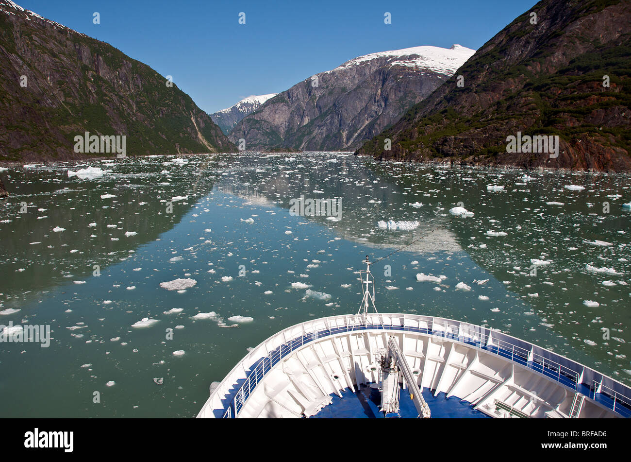 Ship entering Tracy Arm Fjord Inside Passage Alaska USA Stock Photo