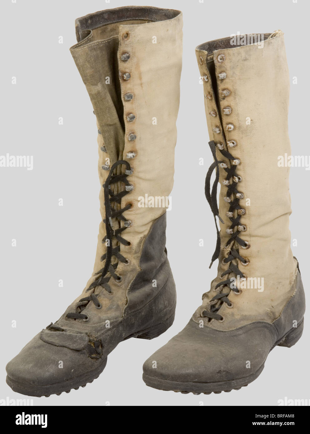 A pair of Afrika Korps high boots, third pattern with frontal lacing. Some  of the stitching is gone, quite used., historic, historical, 1930s, 1930s,  20th century, Wehrmacht, armed forces, army, NS, National