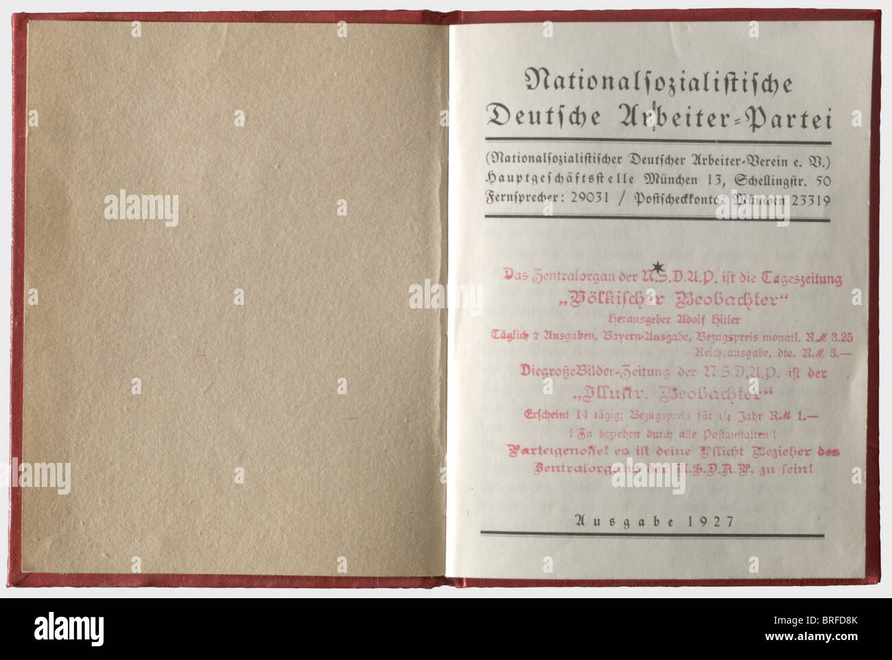 Artur Dinter - NSDAP membership book number '5'., Entry into the party on 17.4.1925, the book was issued on 3.5.1927 by the Reich Administration and bears the ink signatures of Adolf Hitler and treasurer Schwarz. The front cover punched, with (printed) photo glued into the book. historic, historical, 1920s, 20th century, NS, National Socialism, Nazism, Third Reich, German Reich, Germany, German, National Socialist, Nazi, Nazi period, fascism, document, documents, object, objects, stills, clipping, clippings, cut out, cut-out, cut-outs, Stock Photo
