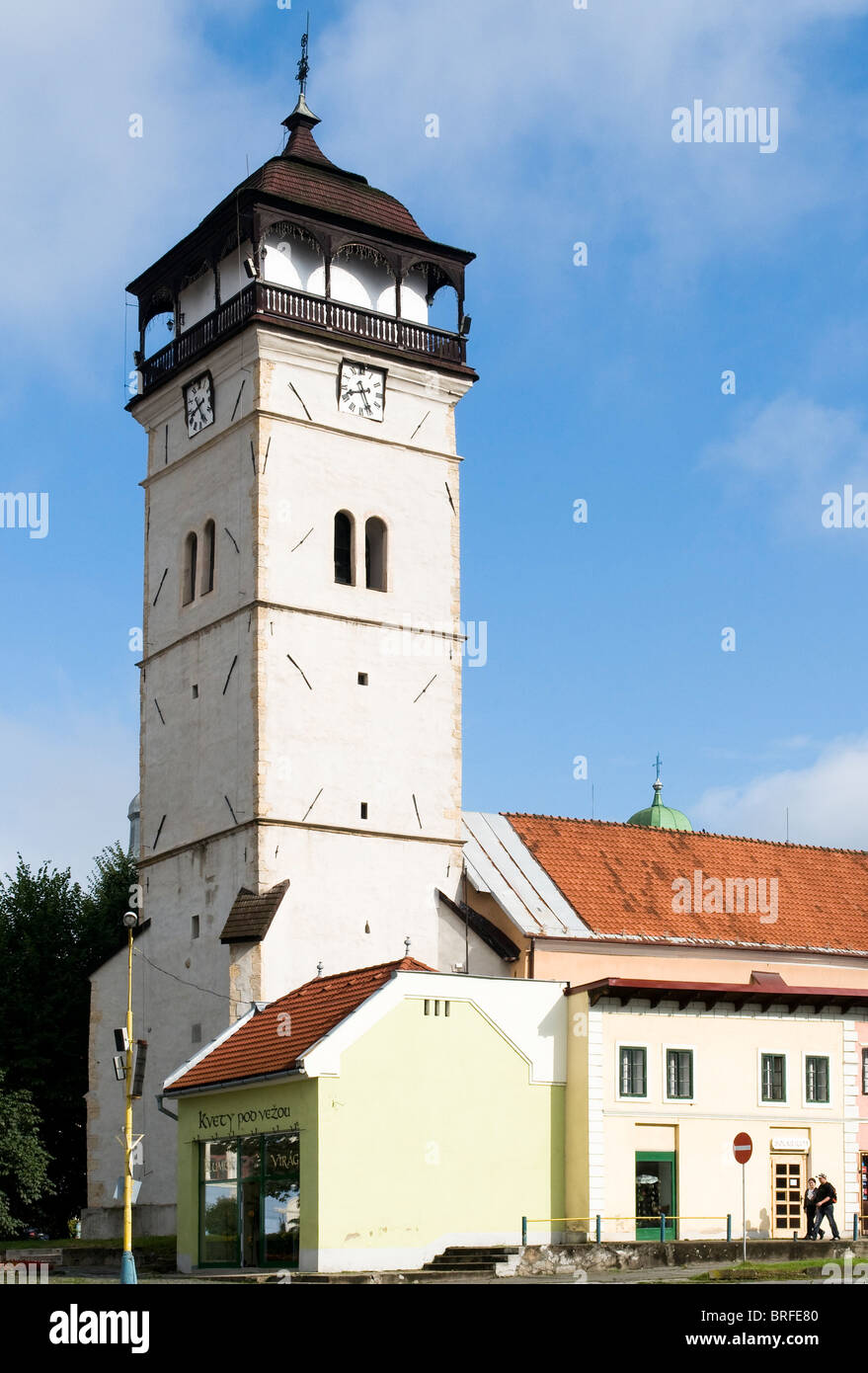 the Town Tower (1654) in the middle of the central town square of Roznava, eastern Slovakia Stock Photo