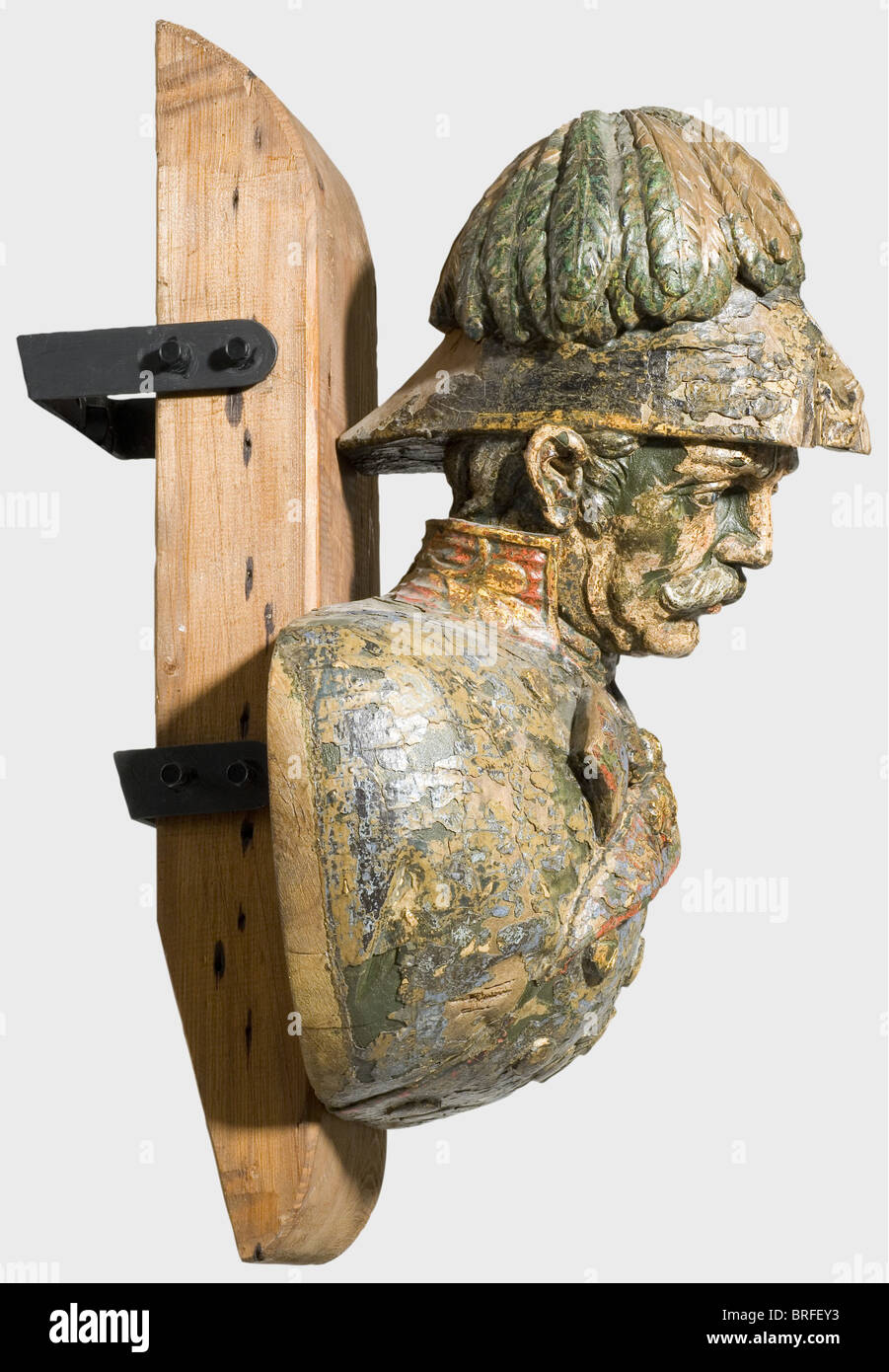 Figurehead SMS 'Radetzky'., Colour portrait bust of field marshal Radetzky, wood, 60 x 50 x 30 cm. Thick paint coat, partially brittle and splintered, the front part of the hat chipped due to manoeuvre damage. The bust fastened to a wood beam with wall mounting device. The screw frigate 'Radetzky' was equipped with 37 cannons and had a crew of 372 men. Under the command of Admiral von Tegetthoff and with Franz Jeremiasch as captain of the ship, the 'Radetzky' took part in the naval battle against the Danes near Helgoland in 1864. Von Tegetthoff's ship, the SMS , Stock Photo