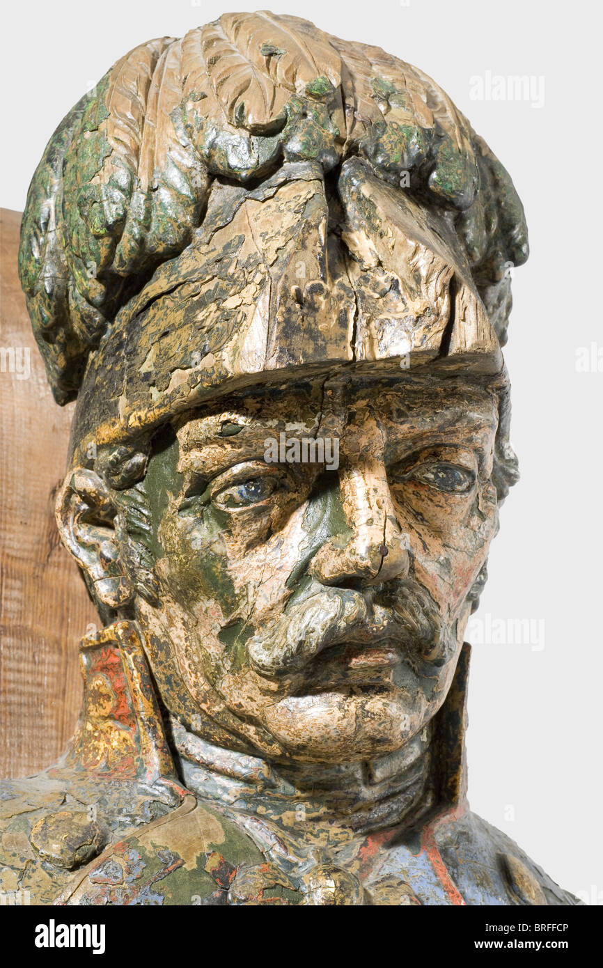 Figurehead SMS 'Radetzky'., Colour portrait bust of field marshal Radetzky, wood, 60 x 50 x 30 cm. Thick paint coat, partially brittle and splintered, the front part of the hat chipped due to manoeuvre damage. The bust fastened to a wood beam with wall mounting device. The screw frigate 'Radetzky' was equipped with 37 cannons and had a crew of 372 men. Under the command of Admiral von Tegetthoff and with Franz Jeremiasch as captain of the ship, the 'Radetzky' took part in the naval battle against the Danes near Helgoland in 1864. Von Tegetthoff's ship, the SMS , Stock Photo