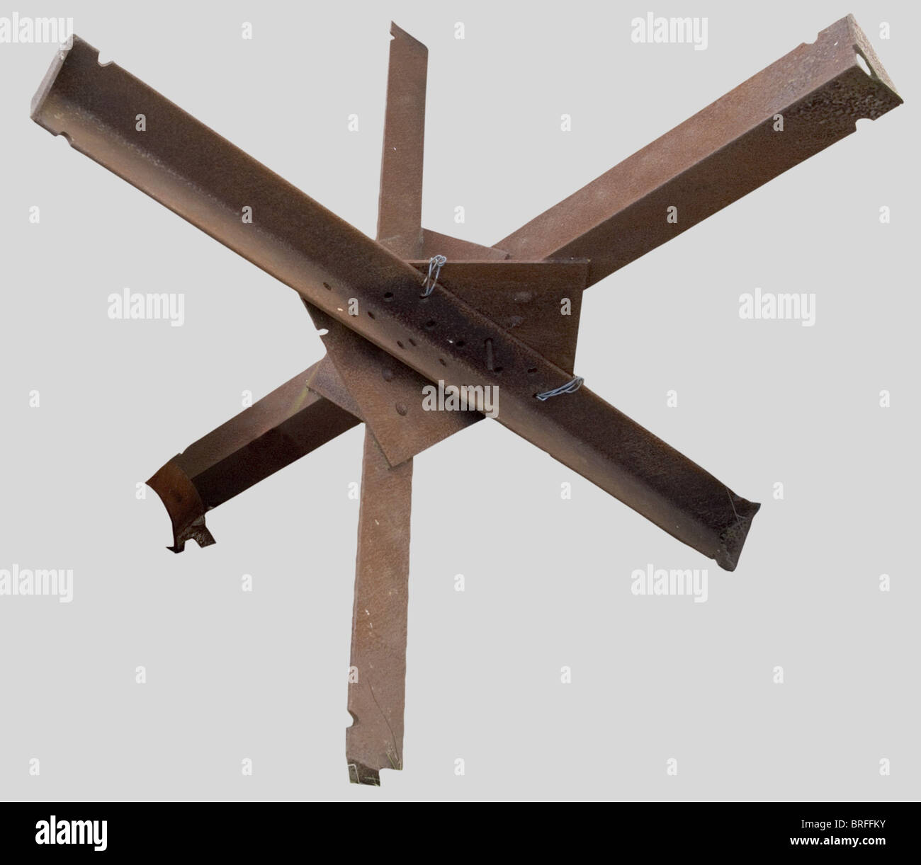 An antitank obstacle, of heavy metal formed of welded crisscross