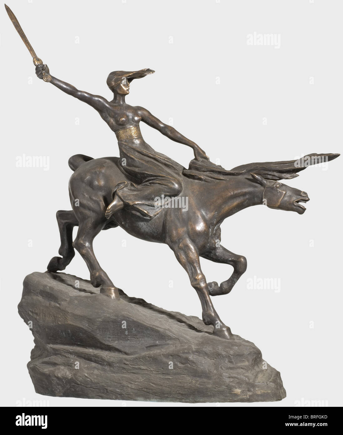 Stephan Sinding (1846 - 1922) - Valkyrie., Patinated bronze sculpture. Base with artist's signature 'Stephan Sinding'. Ca. 1901. 82.5 x 56 cm. Expressive portrayal of a valkyrie. In contrast to the well-known bronze statue of a valkyrie, which Sinding created in 1908 and which is located today in Copenhagen's Churchill Park, this female figure is holding a sword in her right hand instead of a spear. This alteration suggests that this work stems from an earlier phase. Stephan Sinding began drawing valkyries in 1872, in 1901 he created a first wood, Additional-Rights-Clearance-Info-Not-Available Stock Photo