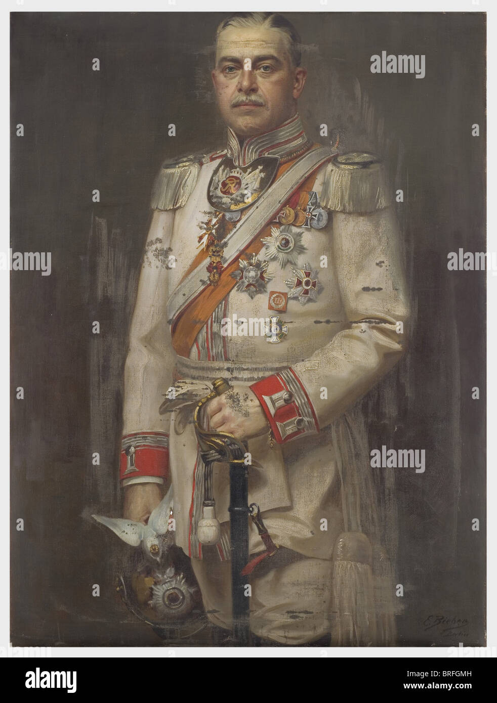 Gottfried Prinz zu Hohenlohe-Schillingsfürst (1867 - 1932) - portrait of the prince as colonel à la suite, of the Regiment Garde du Corps in full uniform with orders (Golden Fleece, High Order of the Black Eagle, Order of the Red Eagle, Order of Leopold, Baden House Order of Fidelity, Royal House Order of Hohenzollern etc.). Oil on canvas, 123 x 92 cm, signed on lower right 'E. Bieber, Berlin'. The verso of the painting was later again used for a lady's portrait, a few restorable stains. Gottfried Prinz zu Hohenlohe-Schillingsfürst was married to the Austrian A, Stock Photo
