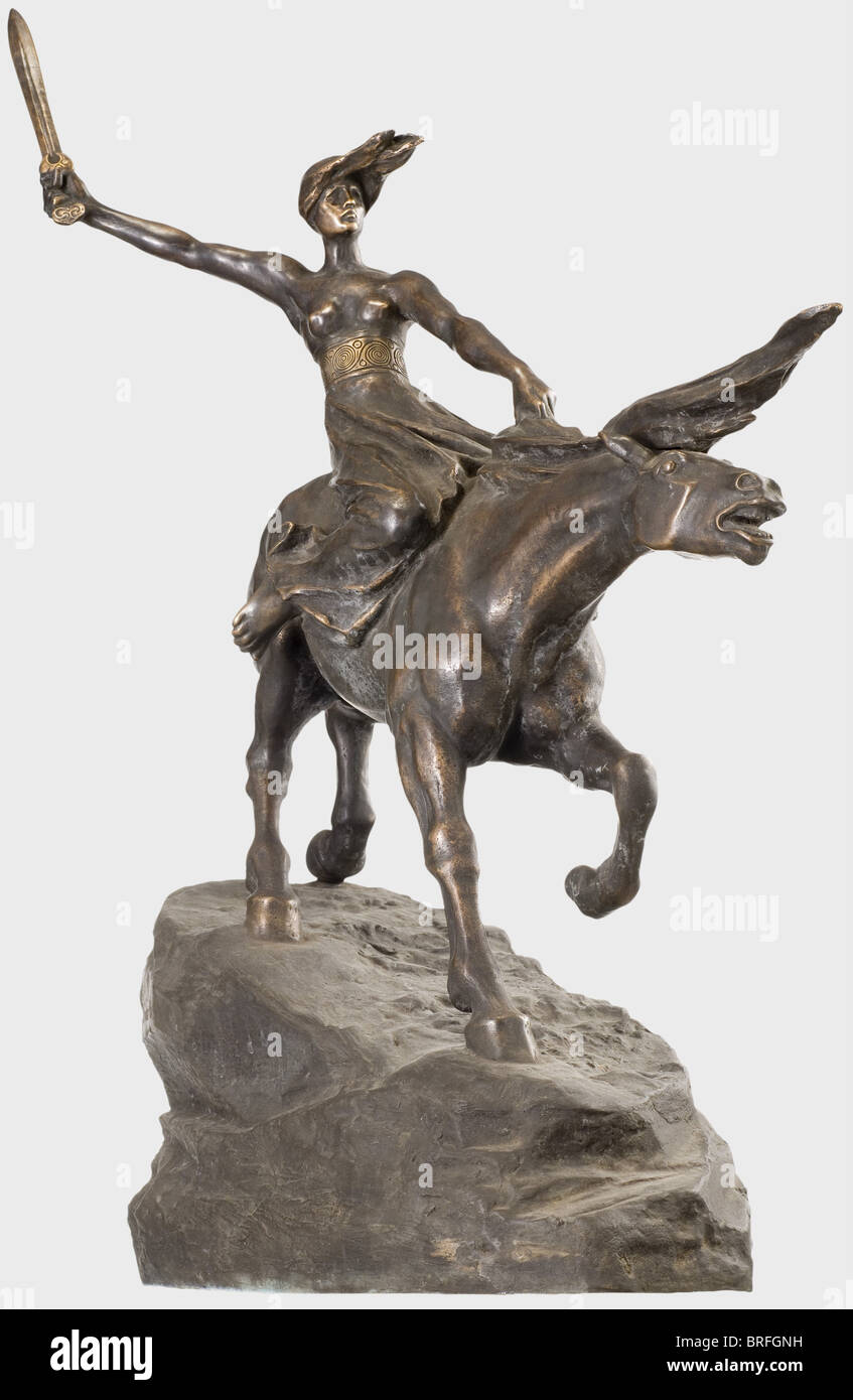 Stephan Sinding (1846 - 1922) - Valkyrie., Patinated bronze sculpture. Base with artist's signature 'Stephan Sinding'. Ca. 1901. 82.5 x 56 cm. Expressive portrayal of a valkyrie. In contrast to the well-known bronze statue of a valkyrie, which Sinding created in 1908 and which is located today in Copenhagen's Churchill Park, this female figure is holding a sword in her right hand instead of a spear. This alteration suggests that this work stems from an earlier phase. Stephan Sinding began drawing valkyries in 1872, in 1901 he created a first wood scul, Artist's Copyright has not to be cleared Stock Photo
