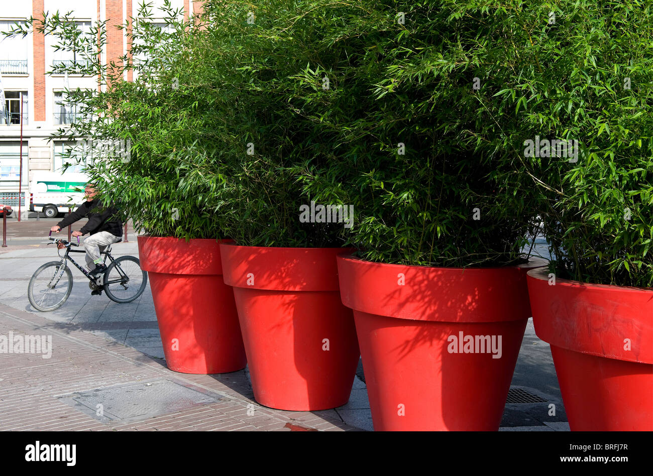 large red flower pots, lille, france Stock Photo