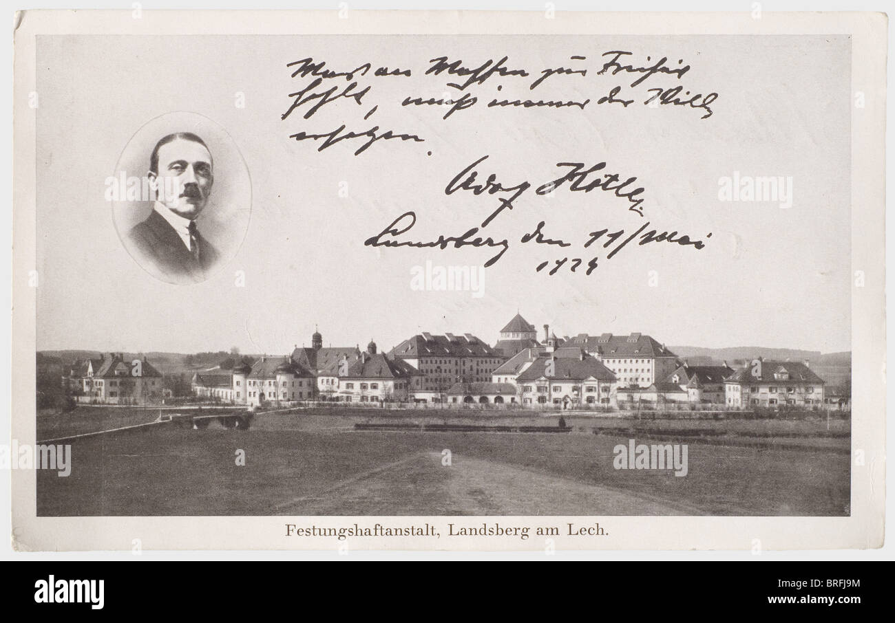 Artur Dinter - a rare,early autograph of Hitler on a propaganda postcard,commemorating his imprisonment in Landsberg 1924. The front side with printed dedication by Adolf Hitler,on the reverse his original ink signature,framed by Dinter's personal dedication to his son(transl.)'My dear son Armin in remembrance of Adolf Hitler,whom I visited in Landsberg in 1924'. historic,historical,people,1920s,20th century,NS,National Socialism,Nazism,Third Reich,German Reich,Germany,German,National Socialist,Nazi,Nazi period,fascism,photograph,photo,,Additional-Rights-Clearences-Not Available Stock Photo