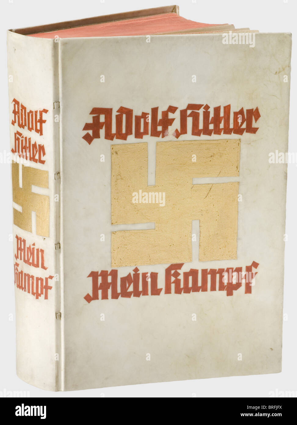 Max Wünsche - a presentation edition of 'Mein Kampf' for his 1939 birthday with a dedication by Hitler., A complete two-volume edition with calligraphy on the parchment binding. Back and binding bear golden swastikas and 'Adolf Hitler - Mein Kampf' in red. There is a dedication in ink on the flyleaf, 'Dem SS-Oberstürmführer Max Wünsche mit herzlichsten Glückwünschen zum heutigen Geburtstag - Adolf Hitler - Berlin/20 April 1939' (To SS-Oberstürmführer Max Wünsche with most sincere good wishes on today's birthday - Adolf Hitler - Berlin/20 April 1939). Wood cut p, Stock Photo