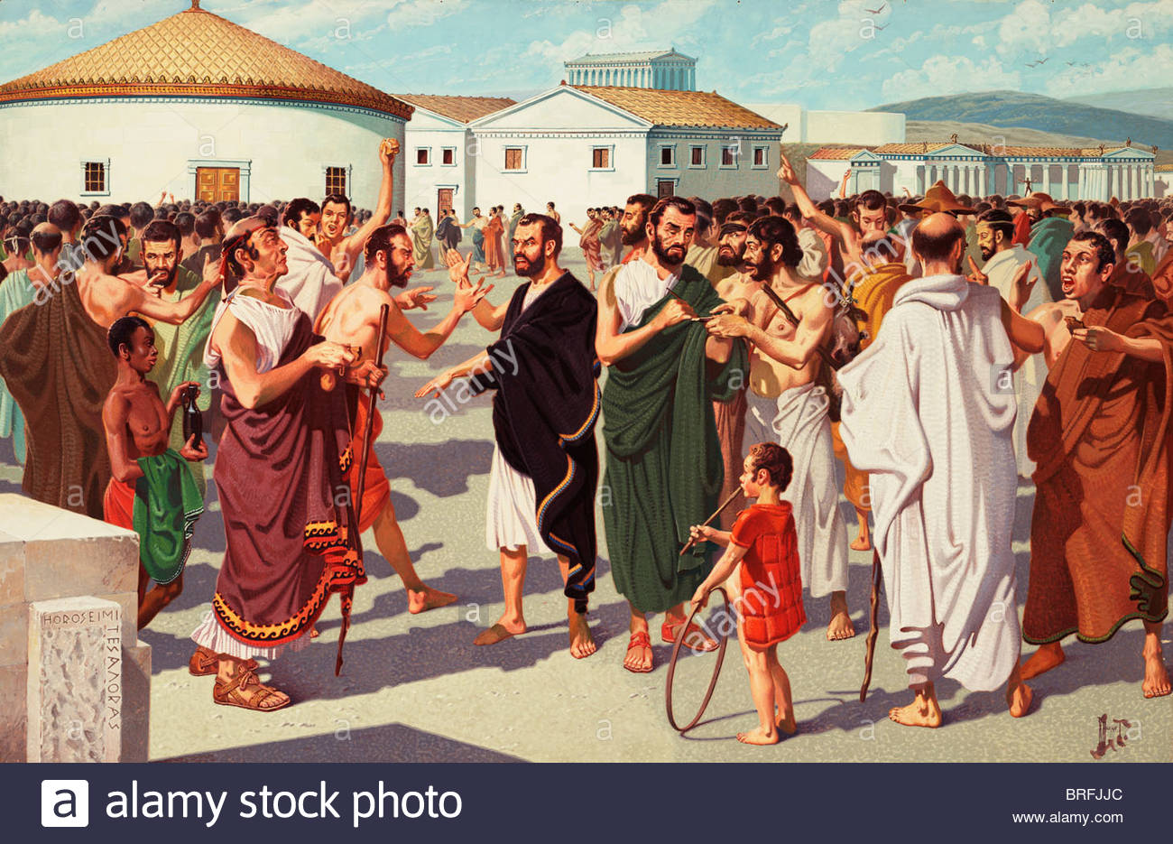 Men vote to ostracize a fellow citizen in the Athenian Agora Stock ...