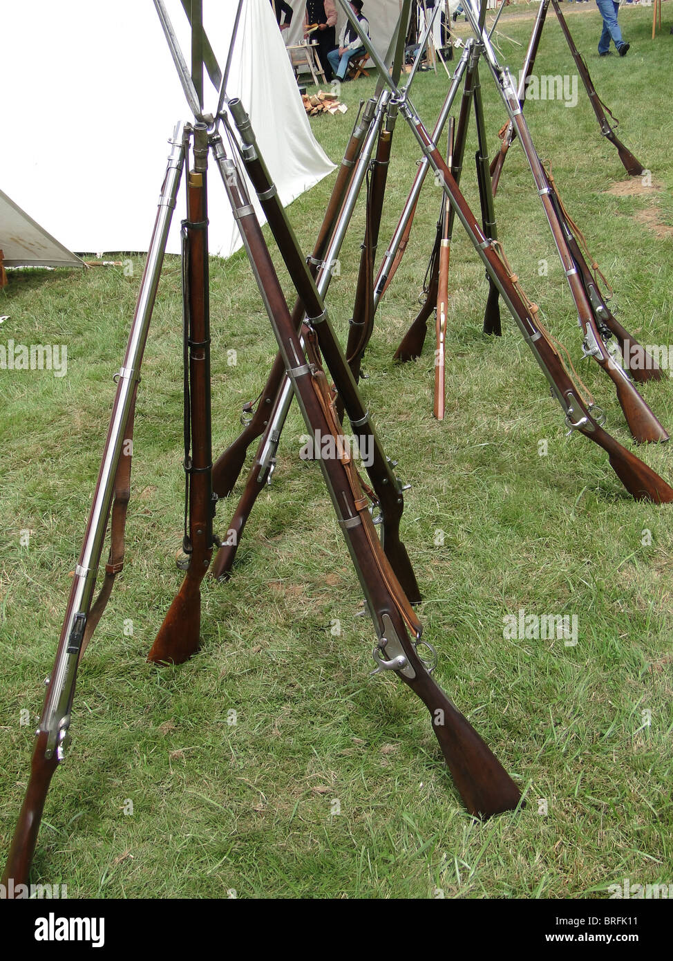 Union army rifles, stacked in camp, Civil War Battle Re-enactment, Port Gamble, WA  Stock Photo