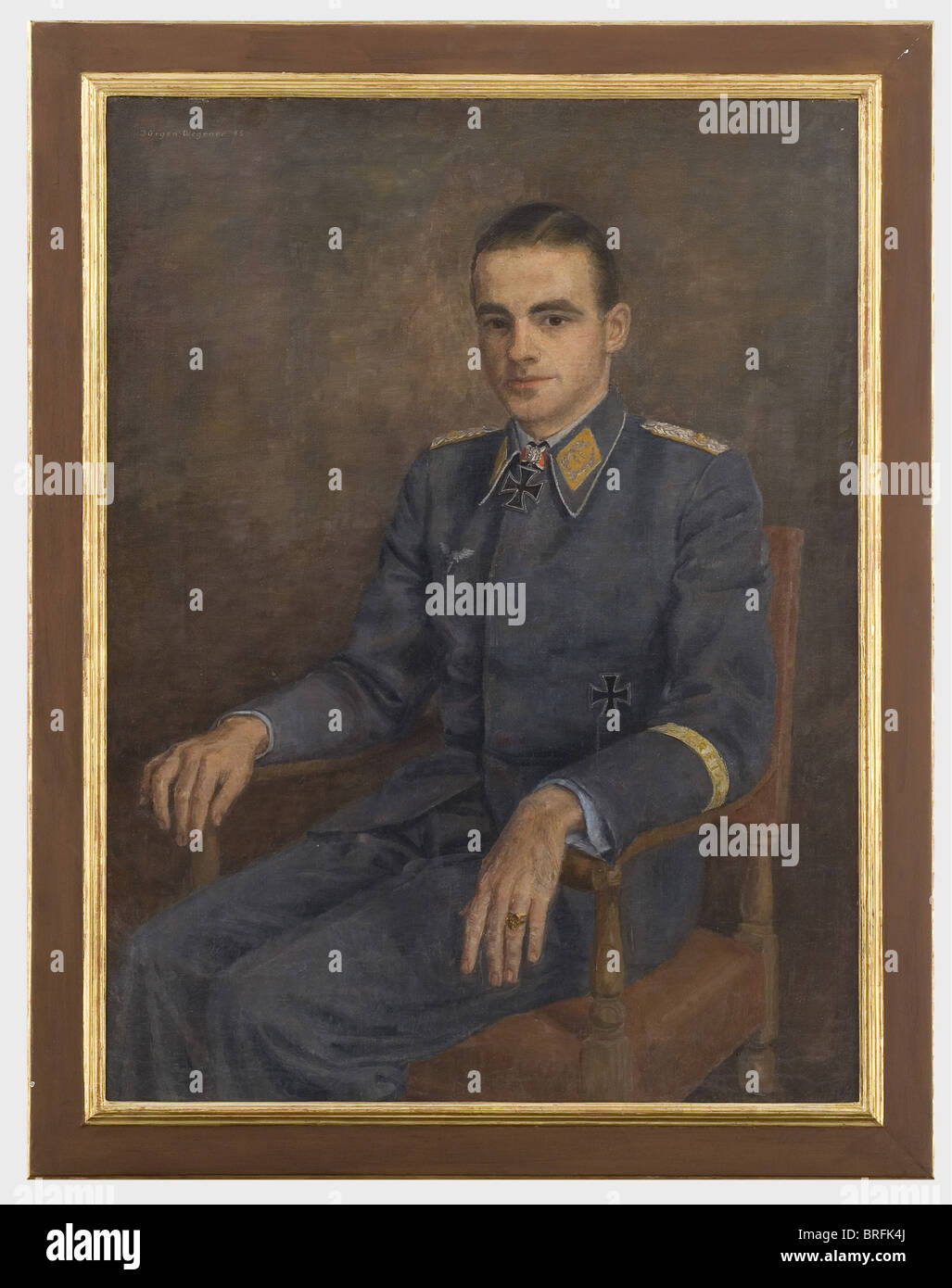 Oberstleutnant Hans-Karl Stepp - a portrait painting, oil on canvas. The youthful Lieutenant Colonel and commander of Stuka Squadron 2 in flying blouse with applied Knight's Cross with Oakleaves, Iron Cross 1st Class and 'Kreta' sleeve band. Upper left signed 'Jürgen Wegener 45'. Previously relined on a stretcher. Mounted in a modified plaster frame, 115 x 90 cm. Hans-Karl Stepp, born 2 September 1914, was with Stuka Squadron 76 for the Polish and French campaigns, he won the German Cross in Gold on 15 October 1941 as group- and squadron adjutant in Stuka Squad, Stock Photo