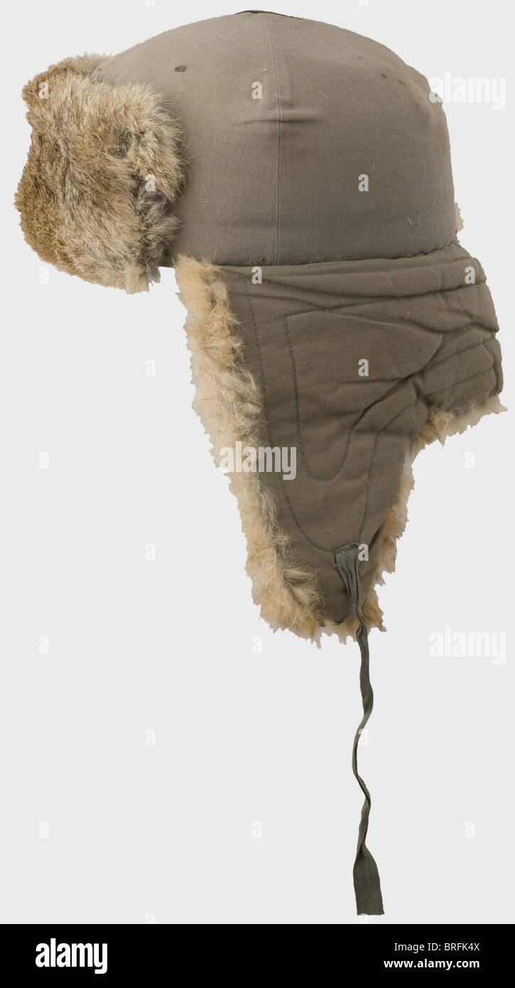 A winter protective head gear for Panzer crews,made of a Panzer protective cap,the so-called 'Beret'. The black outer cover is removed and all cavities are padded. A beige coloured cover with rabbit fur trim and ear flaps is sewn on. A metal eagle in front. Six-section black oilcloth liner,the rubber ventilation holes are plugged. Leather sweat band(signs of wear and moth damage). historic,historical,1930s,1930s,20th century,armoured corps,armored corps,tank force,tank forces,branch of service,branches of service,armed service,armed services,mi,Additional-Rights-Clearences-Not Available Stock Photo