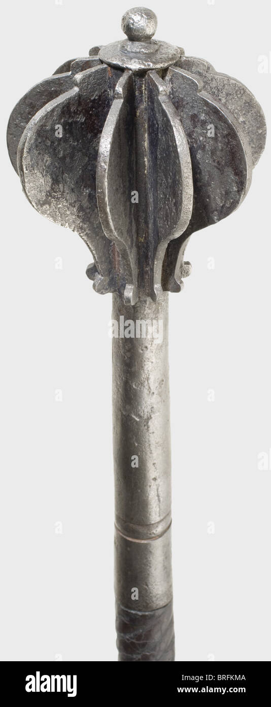 An Hungarian mace, circa 1600. Heavy, eight flanged head on a tapered