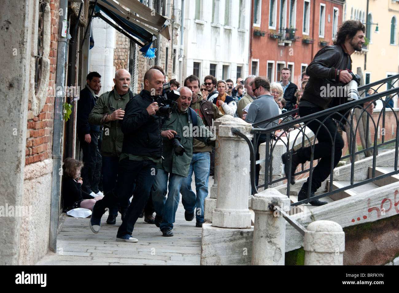 Filming of Carlsberg Beer advert with Actors and film crew and Paparazzi in Venice Italy Stock Photo