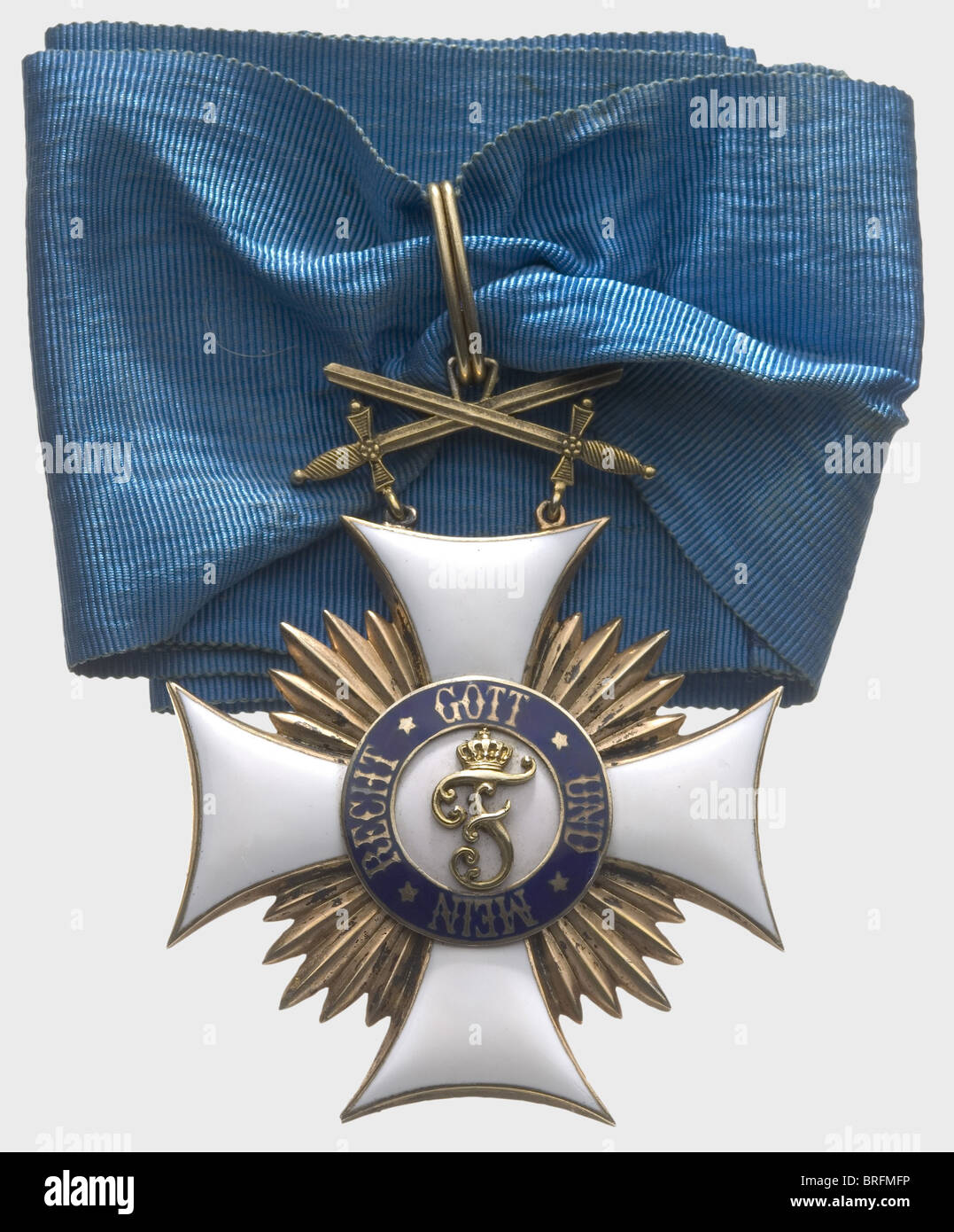 An Order of Frederick, Commander's Cross with Swords, 1870 - 1918. Gilt silver, enamelled, 62.04 g. Variant with large rays and swords to the attachment rings, produced by the royal mint. A total of 320 were awarded. An inspection mark is on the side of one arm. Included is the sewn neck ribbon (OEK 2978). historic, historical, 19th century, medal, decoration, medals, decorations, badge of honour, badge of honor, badges of honour, badges of honor, object, objects, stills, clipping, clippings, cut out, cut-out, cut-outs, Additional-Rights-Clearences-Not Available Stock Photo