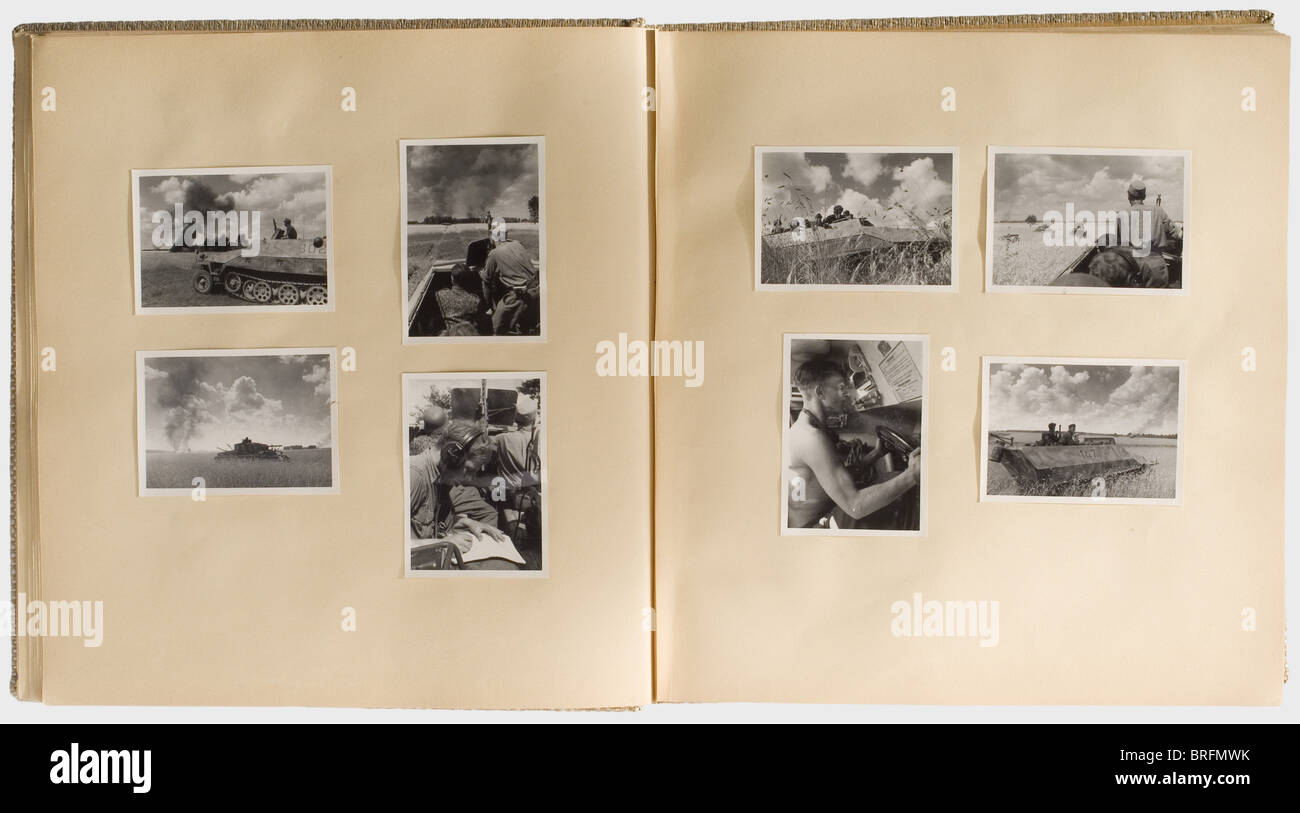 Three photograph albums from Panzer Regiment 5,of the 'Viking' Division,presumably originating from the estate of I Battalion commander SS-Sturmbannführer Paul Kümmel. One flysheet is handwritten in felt pen and entitled 'Front Operations of I/SS-Panzer Rgt. 5 'Wiking' and III/SS-PzGren. Rgt 9 'Germania' armoured halftrack battalion - Commanding Officer Sturmbannführer Paul Kümmel'. L historic,historical,people,1930s,20th century,Waffen-SS,armed division of the SS,armed service,armed services,NS,National Socialism,Nazism,Third Reich,German Reich,,Additional-Rights-Clearences-Not Available Stock Photo