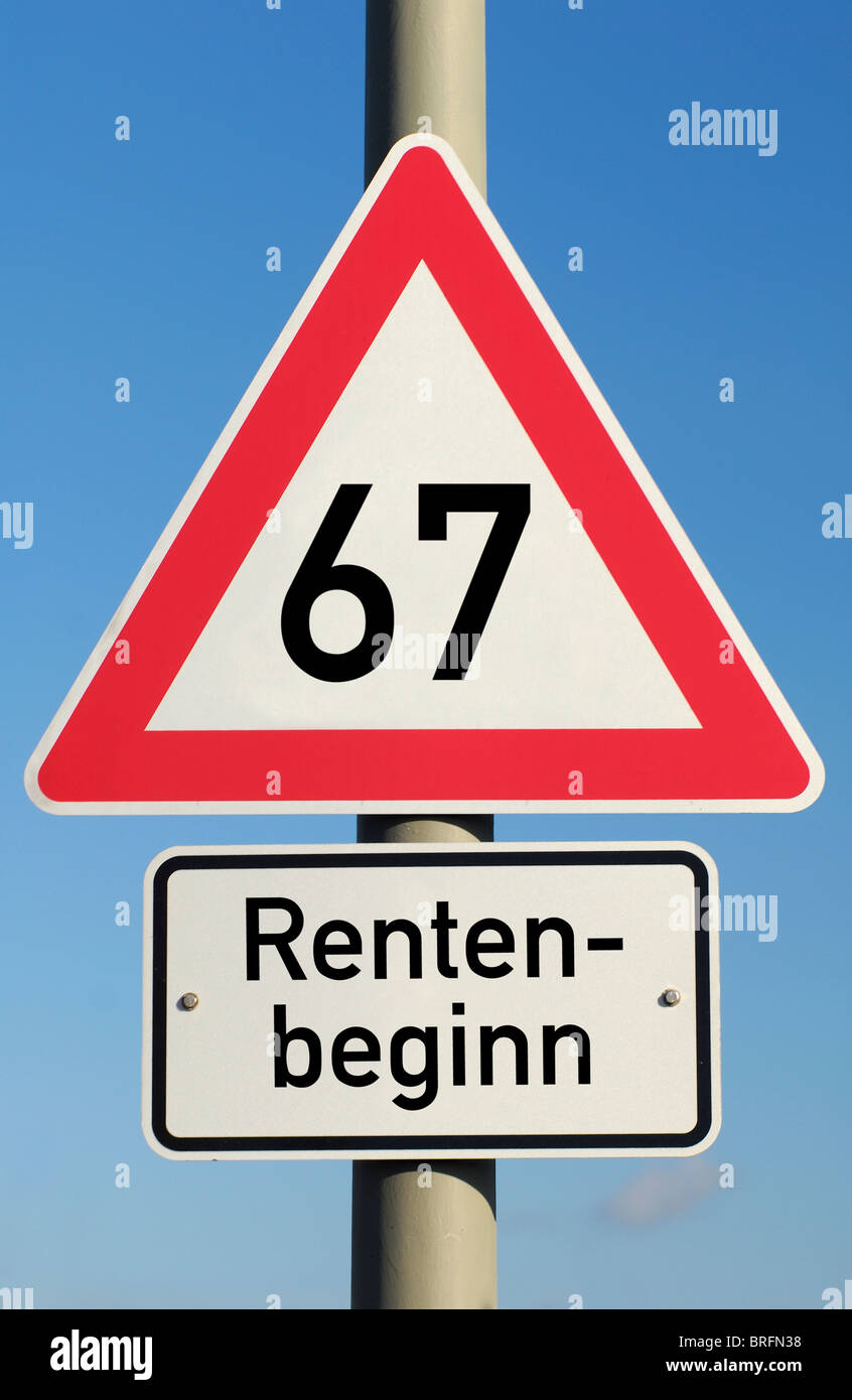 Warning label retirement age of 67 Stock Photo Alamy