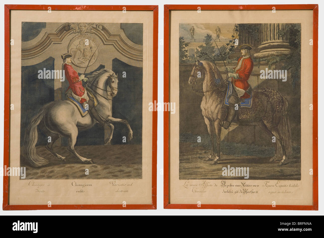 Johann Elias Ridinger (1698 - 1767) - six copper engravings, of dressage figures, handcoloured. Yellowed, partially with water and age stains. Size 46 x 62 cm. Ridinger was an Augsburg-based painter, illustrator, and art editor especially known for his works related to hunting or horse riding. fine arts, people, 18th century, weapons, arms, weapon, arm, fighting device, book, books, clipping, cut out, cut-out, cut-outs, man, men, male, Artist's Copyright has not to be cleared Stock Photo