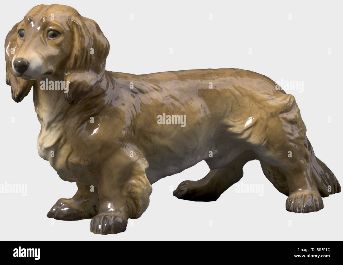 A longhaired dachshund, designed by Ottmar Obermaier. Model number '75'. Colour-glazed porcelain. Model number, and pressmark 'SS-Allach' on the belly. Height 19 cm. historic, historical, 1930s, 1930s, 20th century, object, objects, stills, clipping, clippings, cut out, cut-out, cut-outs, Additional-Rights-Clearences-Not Available Stock Photo