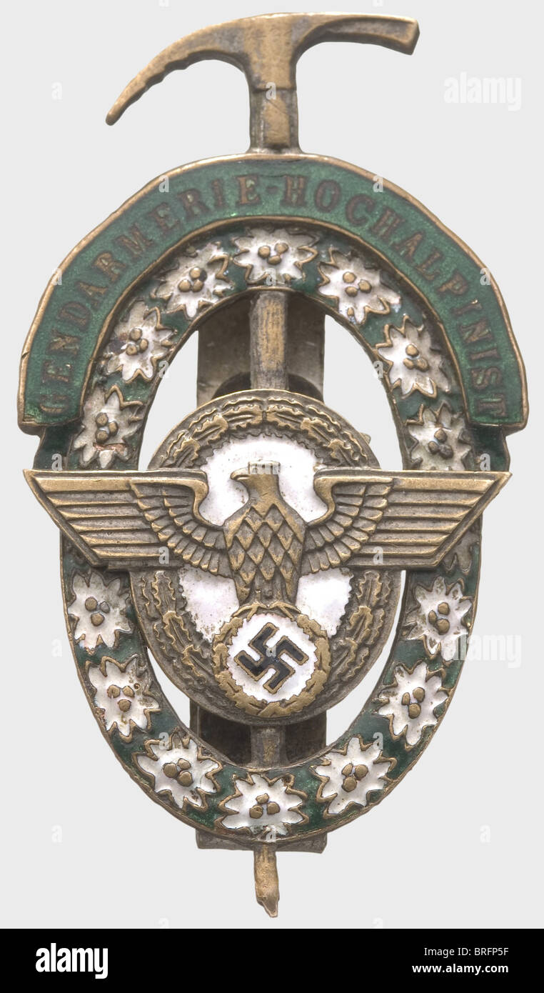A Police High Alpine Expert Badge., Silvered (faded) non-ferrous metal and coloured enamel, the eagle and pickaxe blade are separately affixed, attachment bracket with Vienna maker's mark (OEK 3660), evident signs of wear. historic, historical, 1930s, 1930s, 20th century, awards, award, German Reich, Third Reich, Nazi era, National Socialism, object, objects, stills, medal, decoration, medals, decorations, clipping, cut out, cut-out, cut-outs, honor, honour, National Socialist, Nazi, Nazi period, symbol, symbols, emblem, emblems, insignia, Additional-Rights-Clearences-Not Available Stock Photo