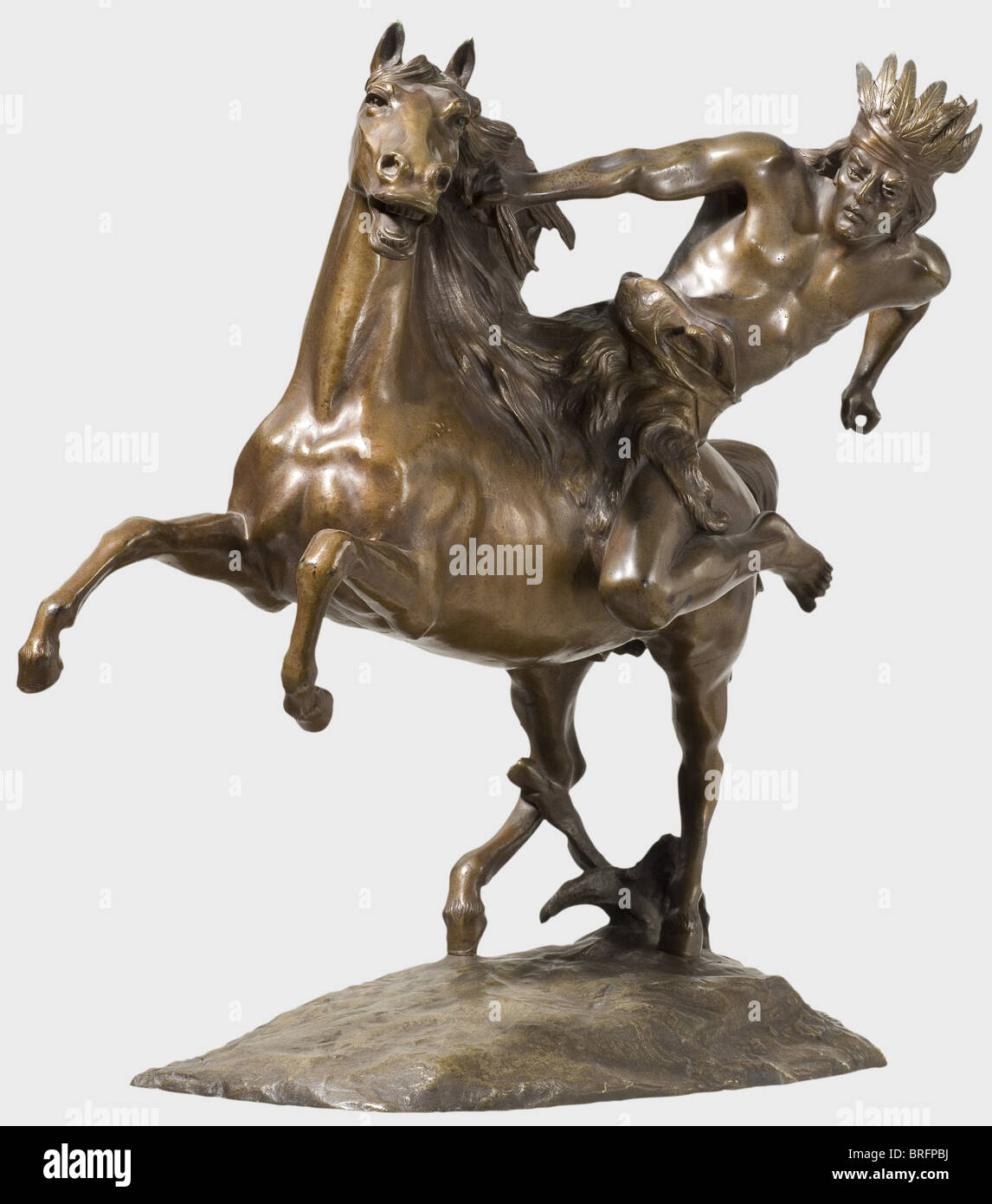Charles Lemoine (1839 - unknown) - Warrior on Horseback, patinated bronze. Warrior with headdress, the right hand tightly grasping the horse's mane, the left originally holding a spear (now missing). On irregularly shaped base signed 'Lemoine'. Height 43 cm. fine arts, people, 19th century, fine arts, art, statuette, figurine, figurines, statuettes, sculpture, sculptures, object, objects, stills, clipping, clippings, cut out, cut-out, cut-outs, Artist's Copyright has not to be cleared Stock Photo
