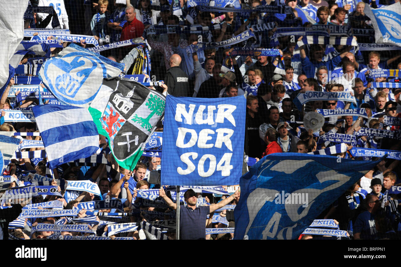 spectators in the Arena auf Schalke support german football club Schalke 04  with large banners in Gelsenkirchen, Germany Stock Photo - Alamy