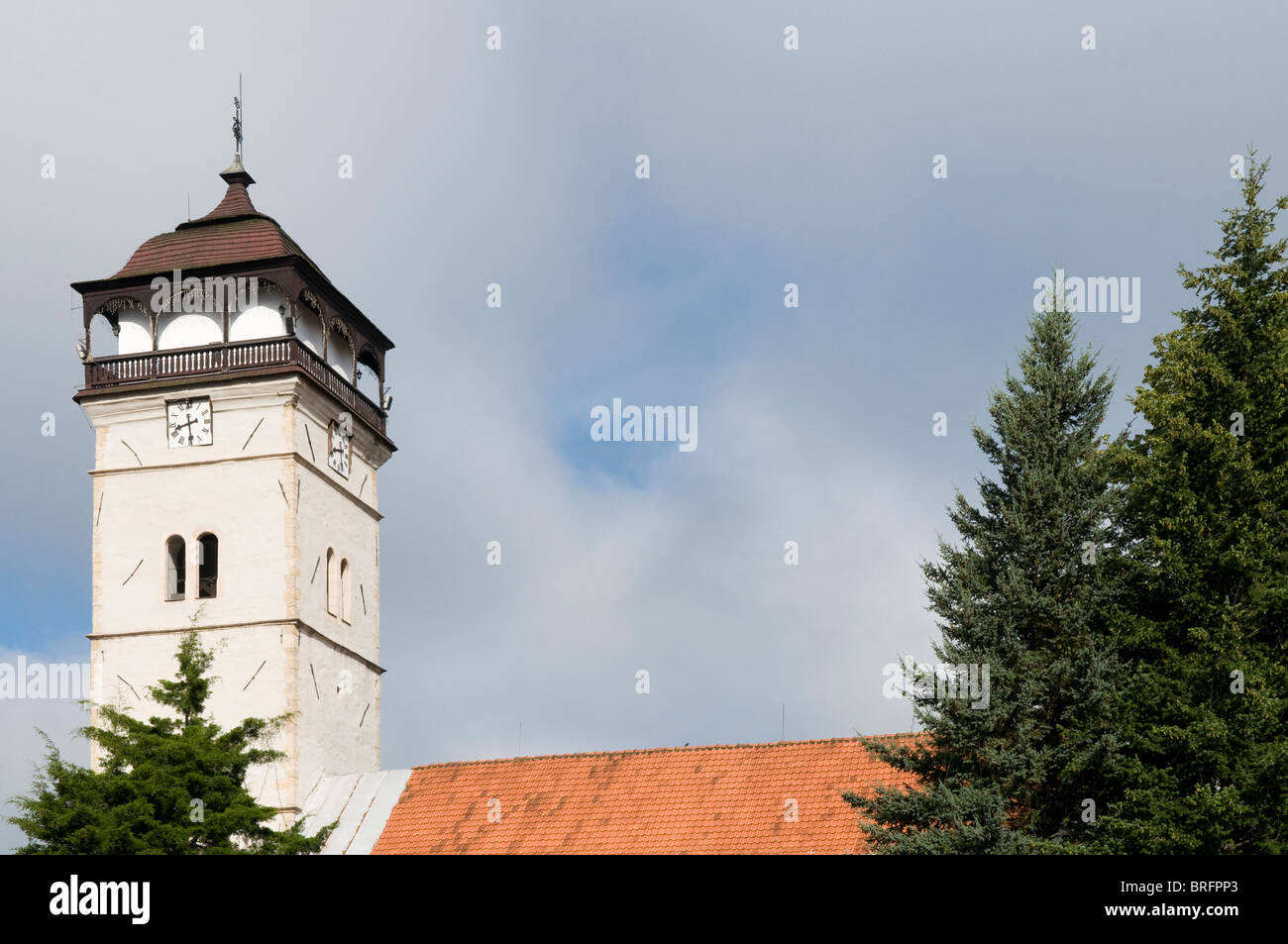 the Town Tower (1654) in the middle of the central town square of Roznava, eastern Slovakia Stock Photo