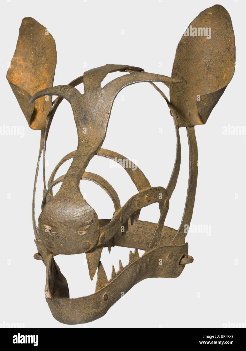 A German mask of disgrace in the shape of a wolf's head,16th/17th century. Forged iron. A mask made from riveted bar stock with pronounced teeth and ears attached by rivets. Two piece,hinged neckband. At the nape of the neck loops for a padlock. Length 40 cm. A mask of disgrace in the shape of a wolf's head was placed on those pilloried for deeds of violence. historic,historical,,17th century,16th century,instrument of torture,torture device,instruments of torture,torture devices,object,objects,stills,clipping,clippings,cut out,cut-out,cut-outs,Additional-Rights-Clearences-Not Available Stock Photo
